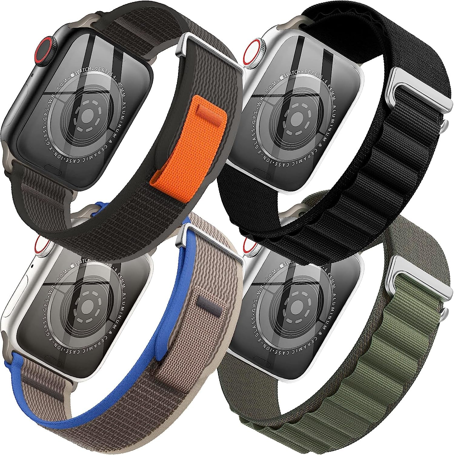 4 Pack Alpine Trail Loop Ocean Band Compatible with Apple Watch Band 49Mm 45Mm 44Mm 42Mm Women Men,Adjustable with Sport Strap for Iwatch Ultra Series 8/7/6/5/4/3/2/1/Se,A-Black/Orange/T-Black/O-Black  FnKer Black/Green/Black/Blue 42/44/45/49mm 