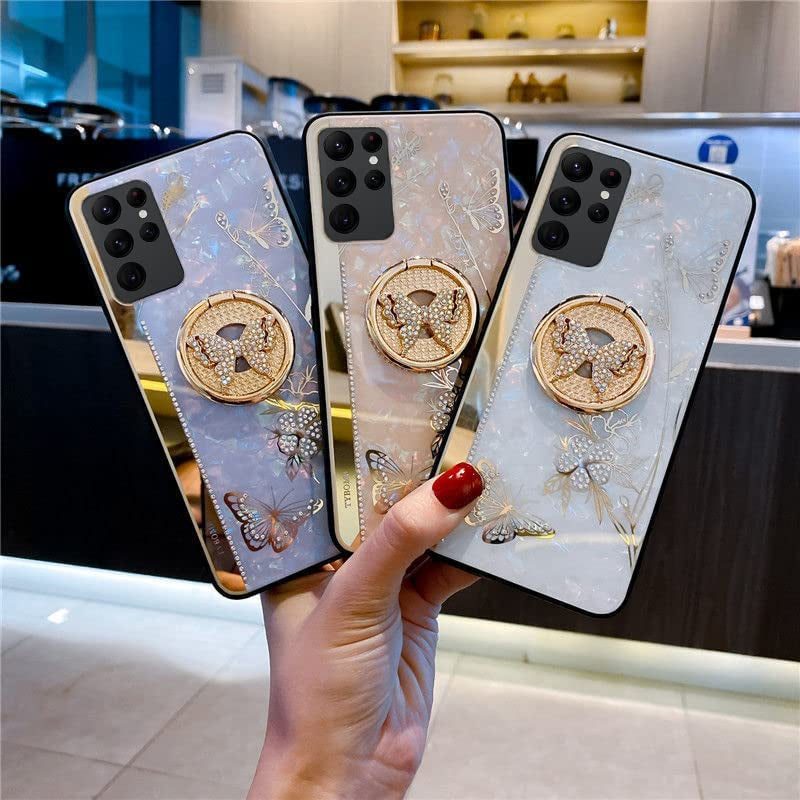 Topwin Kickstand Case, Cute Marble Conch Shell Floral Butterfly with Ring Stand Elegant Shockproof Protective Cover for Girls Women for Samsung Galaxy S22 plus (Rose Gold)  Topwin   