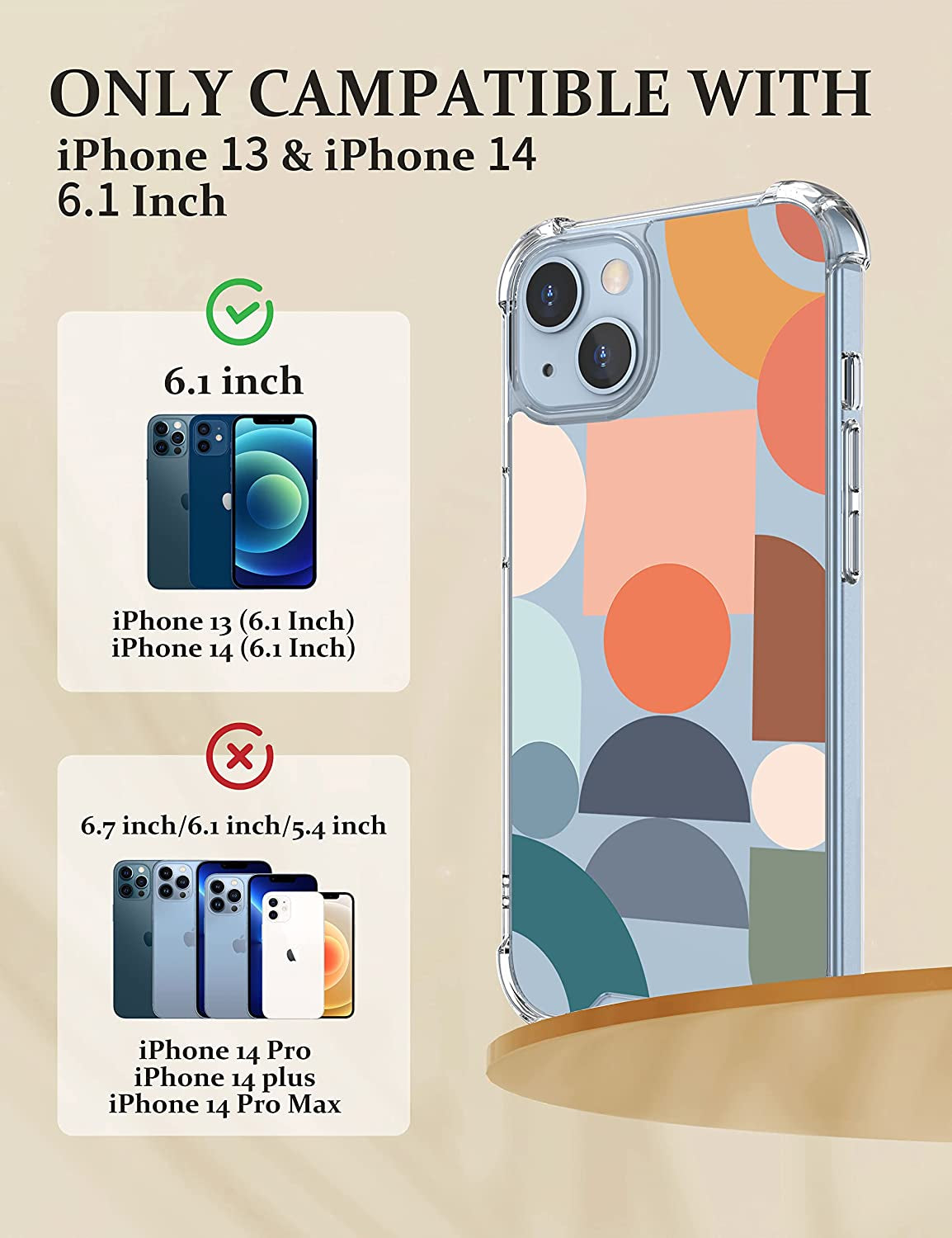 Cutebe [3 in 1 Crystal Phone Case for Iphone 13(2021)/Iphone 14(2022) 6.1", Cute Protective Cover with 9H Temper Glass Screen Protector + HD Temper Camera Lens Protector for Women, Girls  Cutebe   
