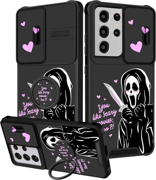 Oqpa for Samsung Galaxy S21 Ultra Case Cute Cartoon S21 Ultra 5G Case for Women Girly Girl Kawaii Funny Unique Cases with Camera Cover+Ring Holder for Galaxy S21 Ultra, Heart Skull  meitong2020   