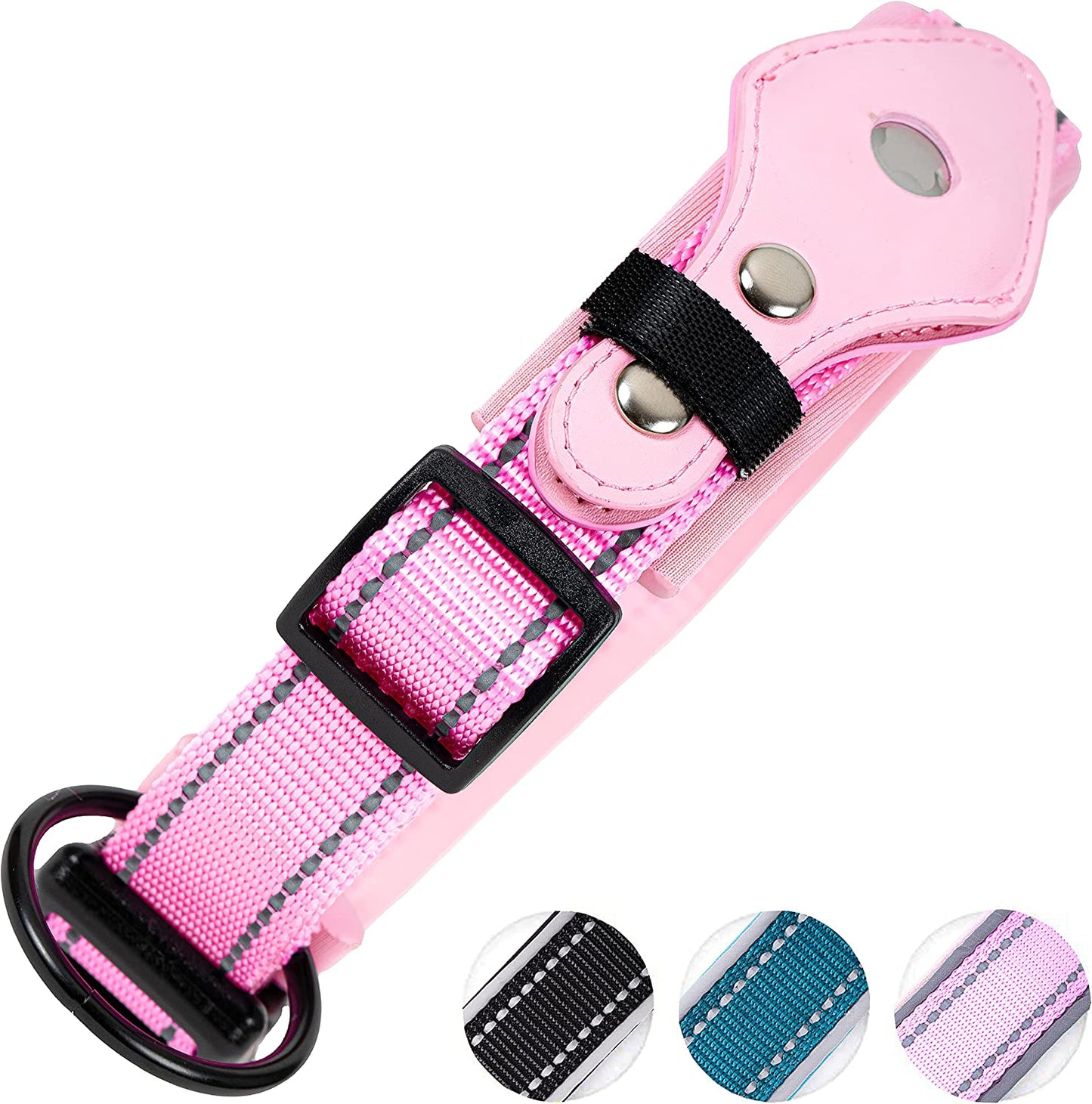 Safe Paws Reflective Airtag Dog Collar with Soft Neoprene - Our Durable Airtag Collar Holder Uses Heavy Duty Buttons to Secure Your Airtag - Air Tag Collars for Small Medium Large & XL Dogs (Black S)  Safe Paws Pink Large 