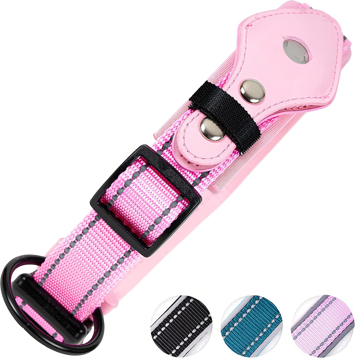 Safe Paws Reflective Airtag Dog Collar with Soft Neoprene - Our Durable Airtag Collar Holder Uses Heavy Duty Buttons to Secure Your Airtag - Air Tag Collars for Small Medium Large & XL Dogs (Black S)  Safe Paws Pink Large 