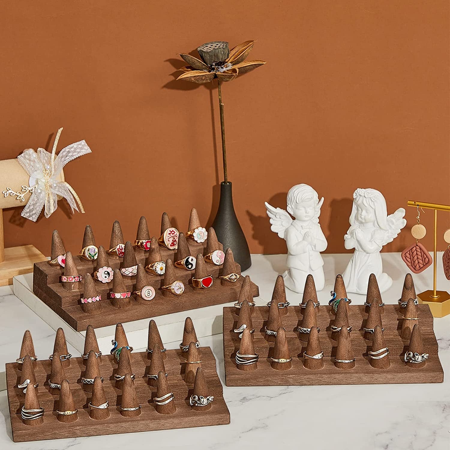 Juexica 4 Pcs Wood Ring Display 18 Fingers Wood Ring Holder Ring Finger Display Ring Display for Selling Wood Jewelry Display for Ring Organizer Show Storage  Juexica   