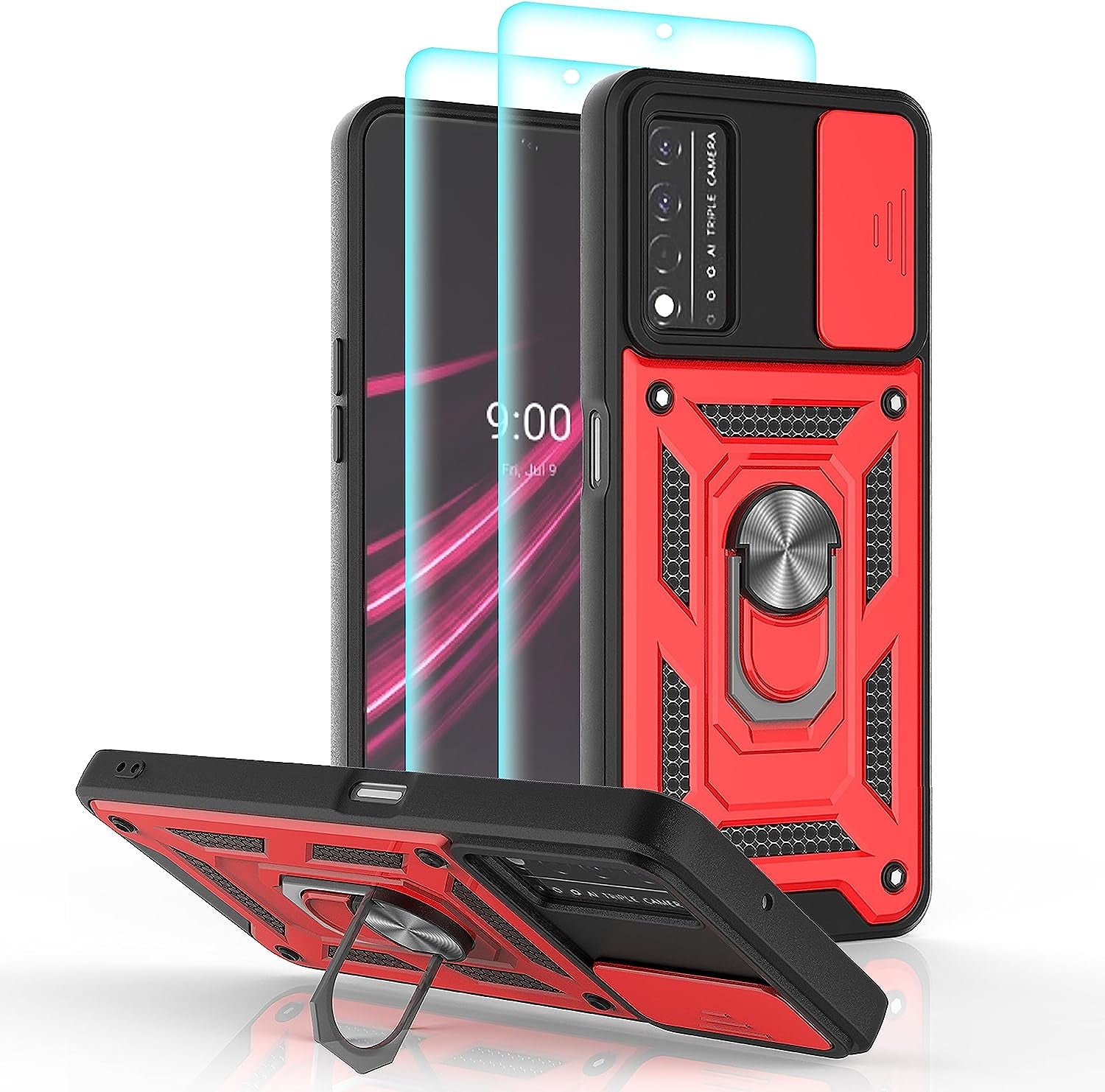 Ymhxcy for T-Mobile Revvl V plus 5G Case with Slide Camera Cover and [2 Pack] HD Screen Protector, Heavy Duty Shockproof Protective Case with Magnetic Metal Stand for Revvl V plus 5G-SJ Rose Gold  YmhxcY Sj-Red  