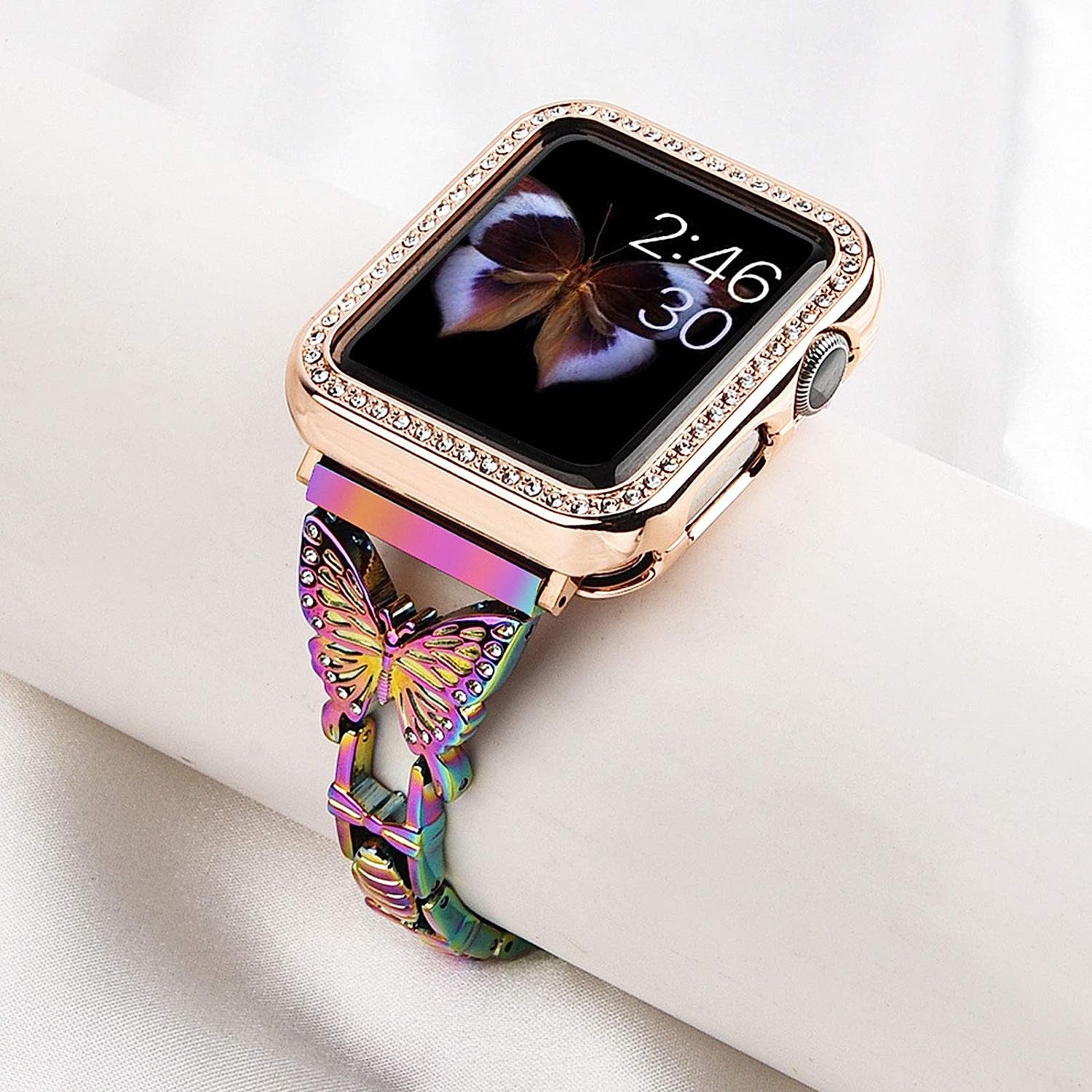 Elegent Stylish Bands Compatible with Apple Watch 42Mm 44Mm 45Mm Chic Butterfly Diamond Rhinestone Stainless Steel Metal Wristband Strap for Iwatch SE & Series 7/ 6/5/4/3/2/1 (Dream Blue)  Hi-Yoohere   