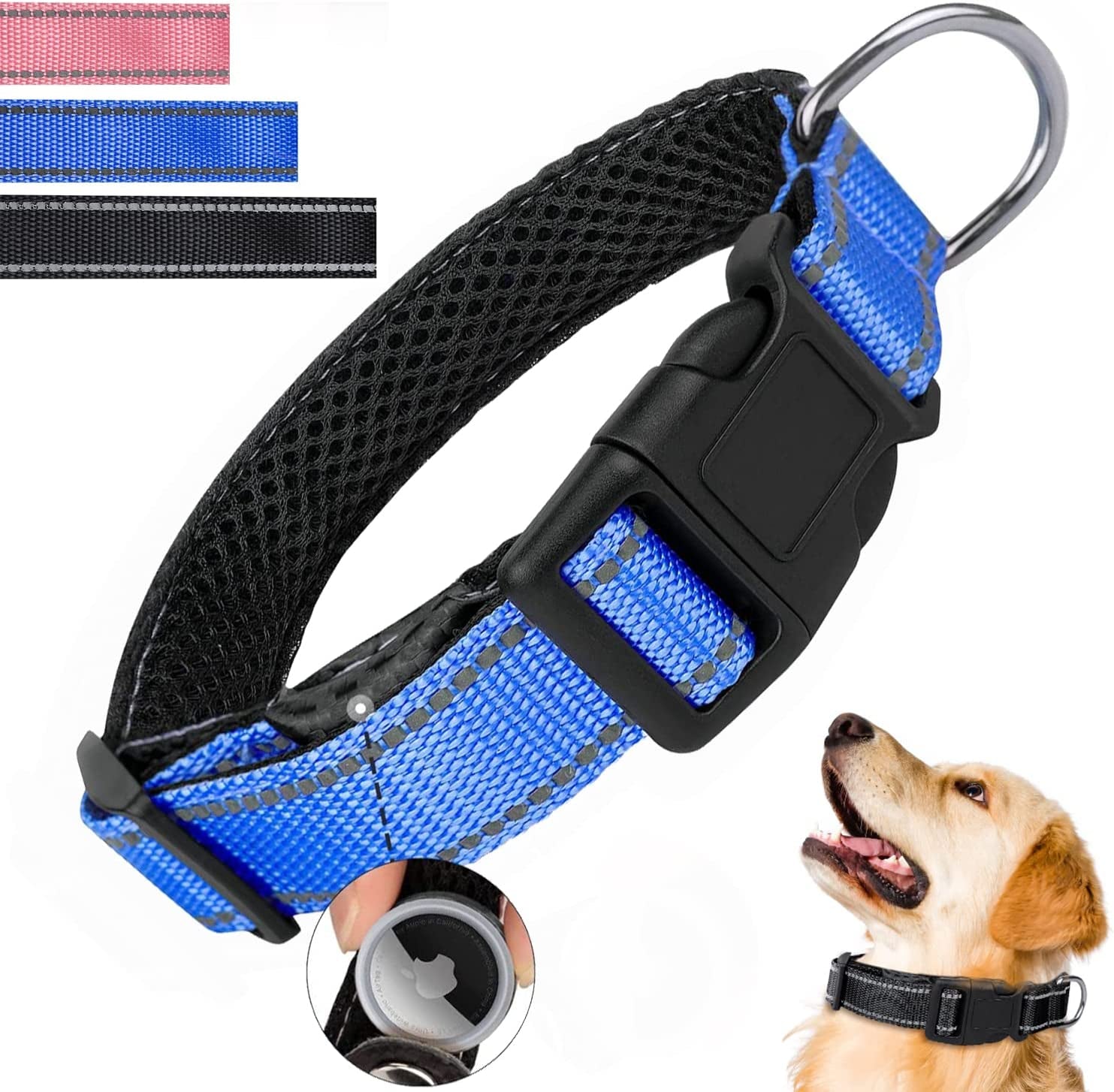 Reflective Airtag Dog Collar, Breathable Black Nylon Dog Collar with Airtag Holder, the Waterproof Dog Collar Airtag, Dog Tracking Collar, Adjustable Airtag Accessories Dog Collar for Medieum Dogs  Simket Blue Medium 