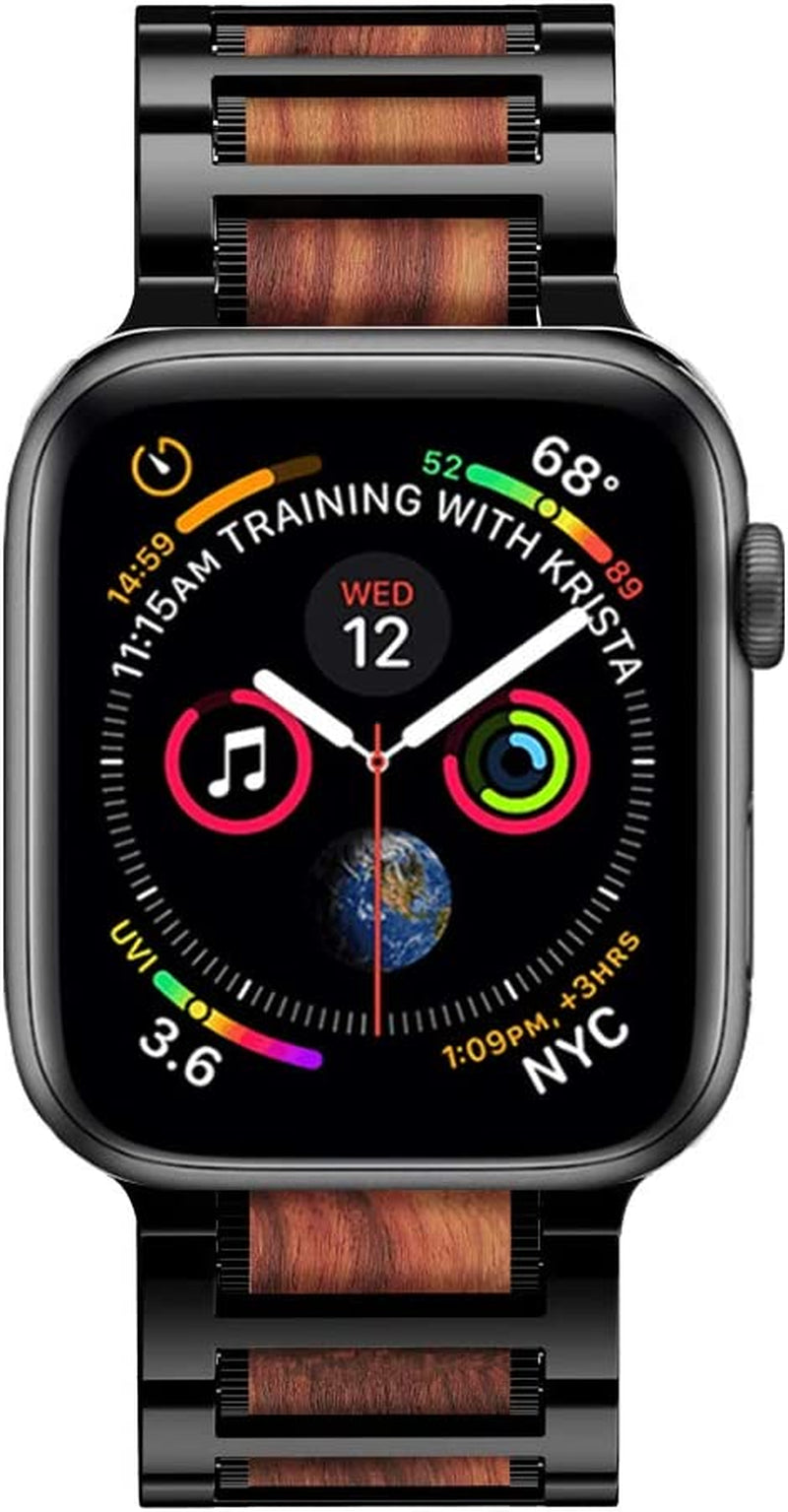 Iiteeology Compatible with Apple Watch Band 49Mm 45Mm 44Mm 42Mm, Natural Wooden Stainless Steel Link Bracelet Strap for Apple Watch Ultra & SE Series 8 7 6 Series 5 4 3 2 1 - Black  iitee   