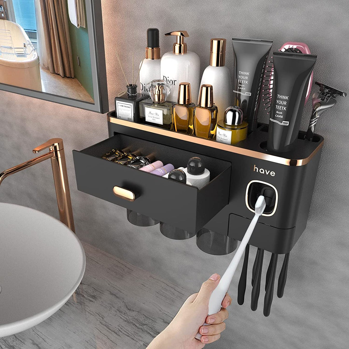 Ihave Toothbrush Holders for Bathrooms, 2 Cups Toothbrush Holder Wall Mounted with Toothpaste Dispenser - Large Capacity Tray, Cosmetic Drawer - Bathroom Decor & Bathroom Accessories  ihave Black Gold 3 Cup  