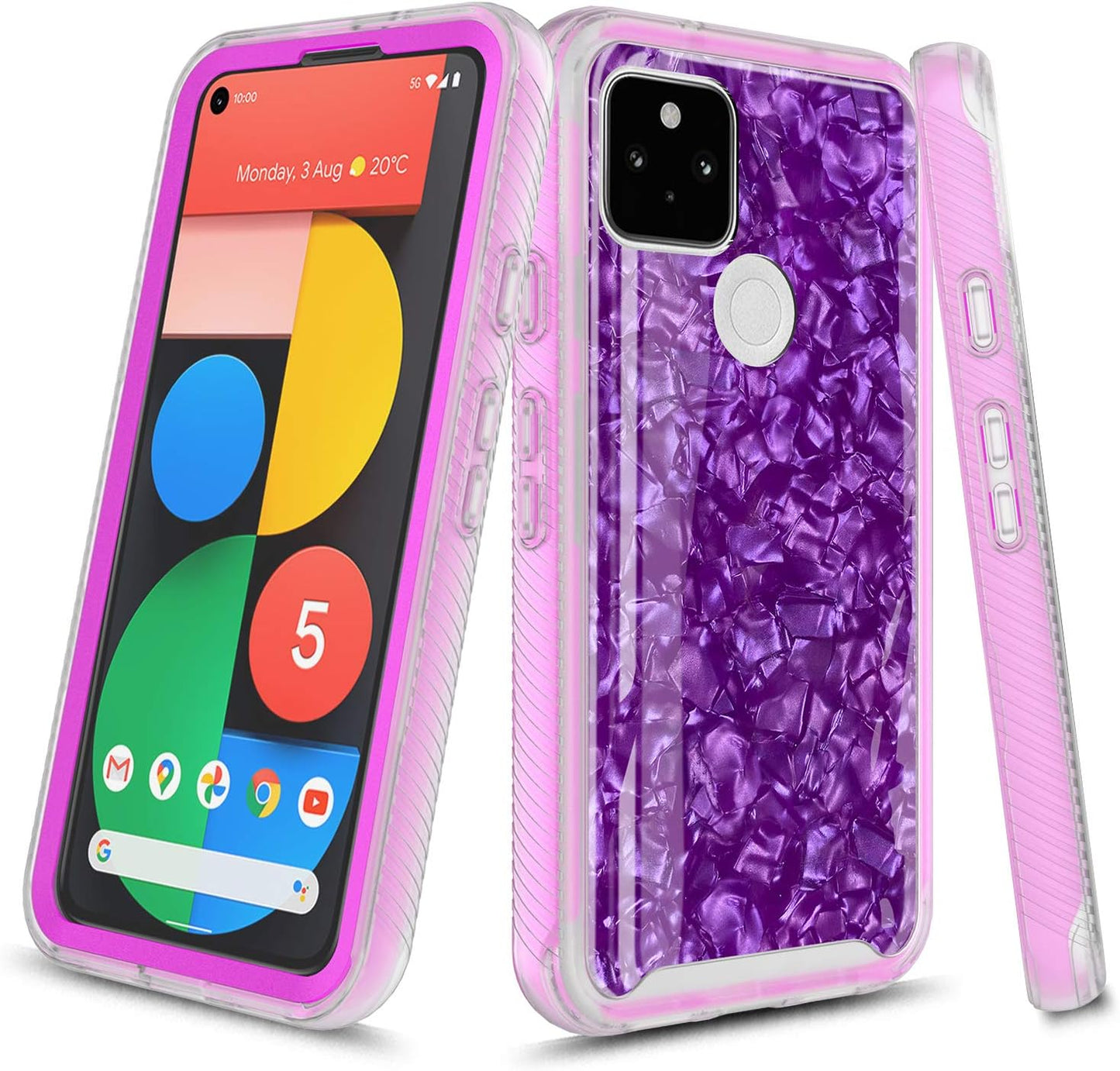 Google Pixel 4A 5G Case [For 5G Version ONLY], Onyxii Graphic Design Shockproof Impact Resistant Protective Full-Body Rugged Clear Hybrid Bumper Case for Google Pixel 4A 5G (Pink Shell)  Onyxii Case Purple Shell  