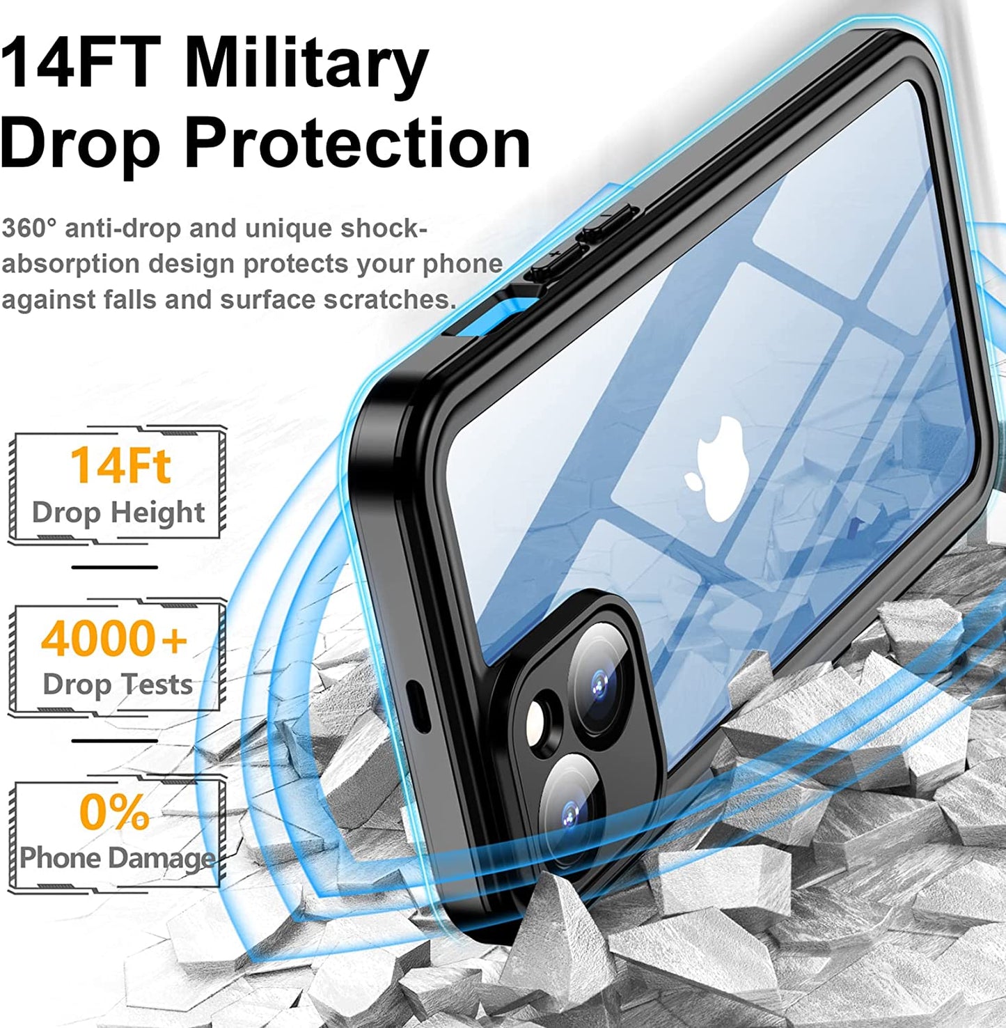 Temdan for Iphone 14 Case Waterproof,Built-In 9H Tempered Glass Screen Protector [IP68 Underwater][14Ft Military Dropproof][Dustproof][Real 360] Full Body Shockproof Protective Case-Blue-Clear  Temdan   