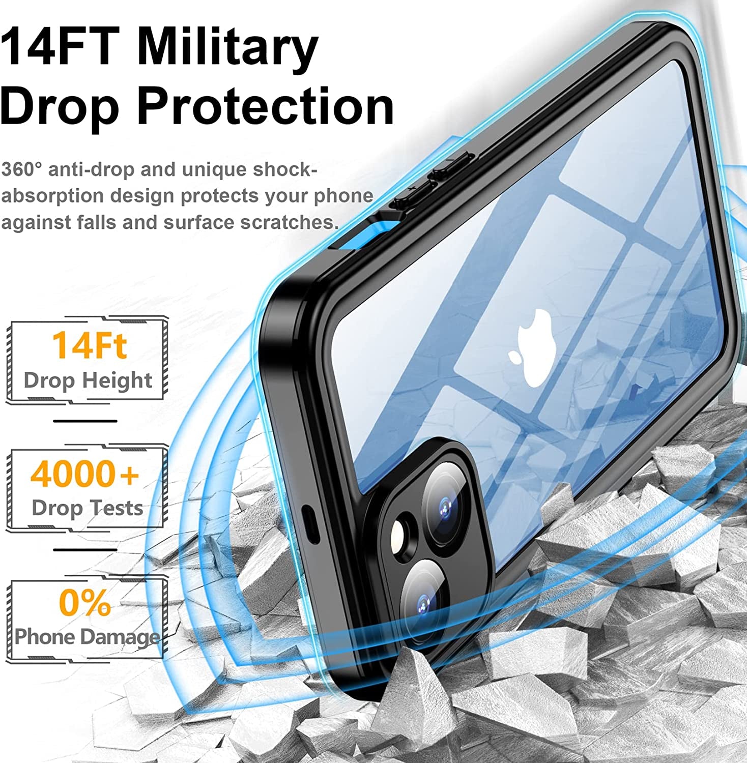 Temdan for Iphone 14 Case Waterproof,Built-In 9H Tempered Glass Screen Protector [IP68 Underwater][14Ft Military Dropproof][Dustproof][Real 360] Full Body Shockproof Protective Case-Blue-Clear  Temdan   