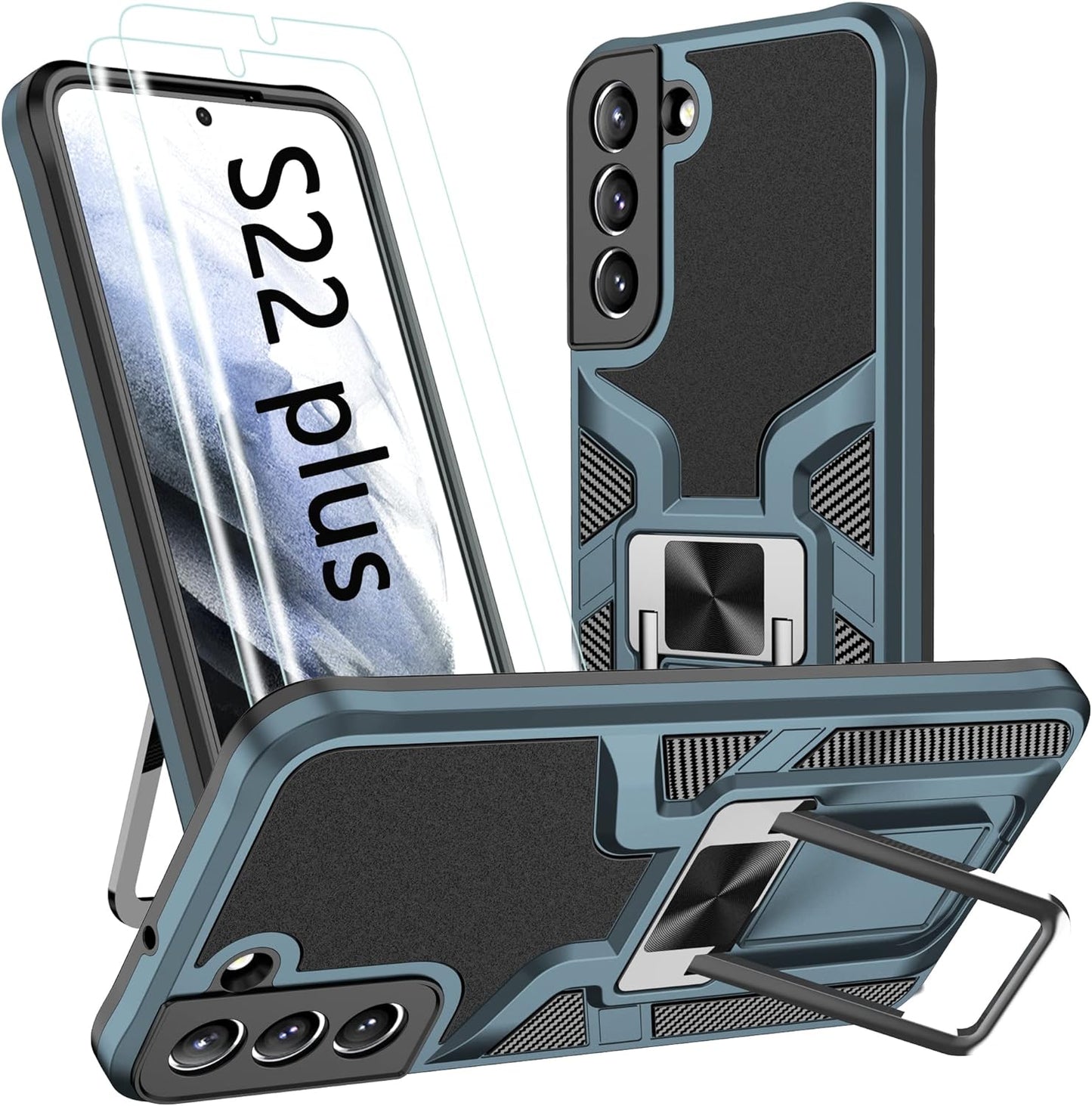 AKINIK for Samsung Galaxy S22 plus Case, S22 plus Case with Self Healing Flexible TPU Screen Protective [2 Pack],Military Grade Invisible Kickstand Case for Galaxy S22 plus (Black)  AKINIK Cyan  