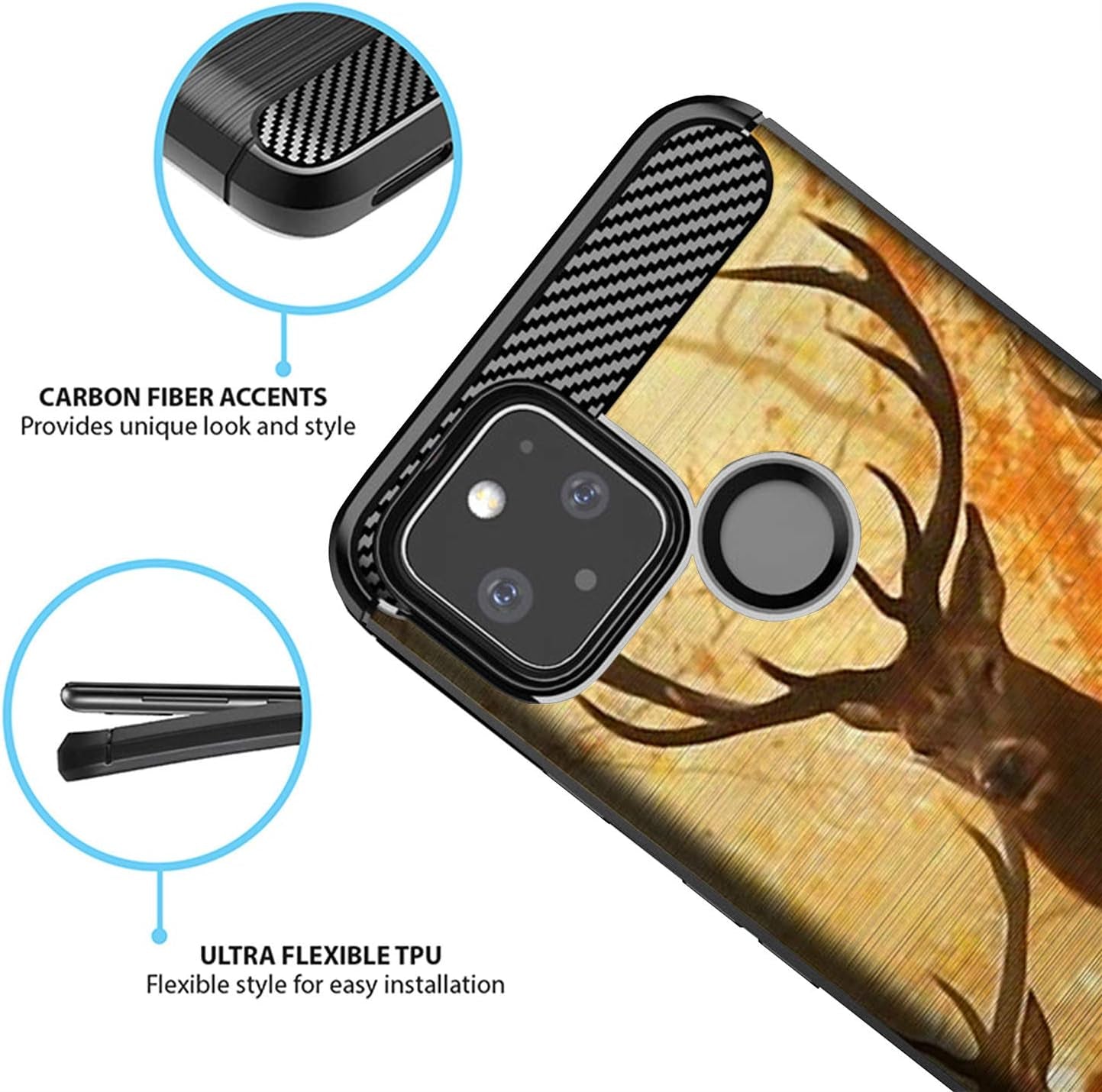 Casesondeck Camo Case Compatible with Google Pixel 4A 5G (2020), Carbon Fiber Texture Slim Fitted Matte Cover with Design (Sunset Deer)  Cases on Deck   