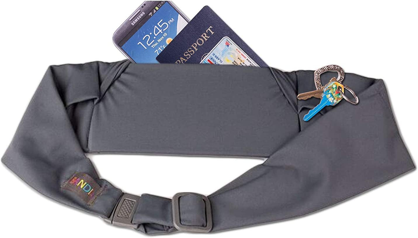 BANDI Large Travel and Running Belt, Securely Carry Keys, Phone, Medicine, Money or Food While You Exercise or Travel within Its Sleek 3 Pocket Design, Size 7.5 Inch by 3.5 Inch Black Solid One Size  BANDI WEAR LLC Grey  