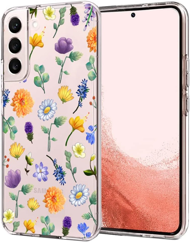 Unov Case Compatible with Galaxy S22 Case Clear with Design Soft TPU Shock Absorption Slim Embossed Pattern Protective 6.1 Inch (Flower Butterfly)  Unov Flower Garden  