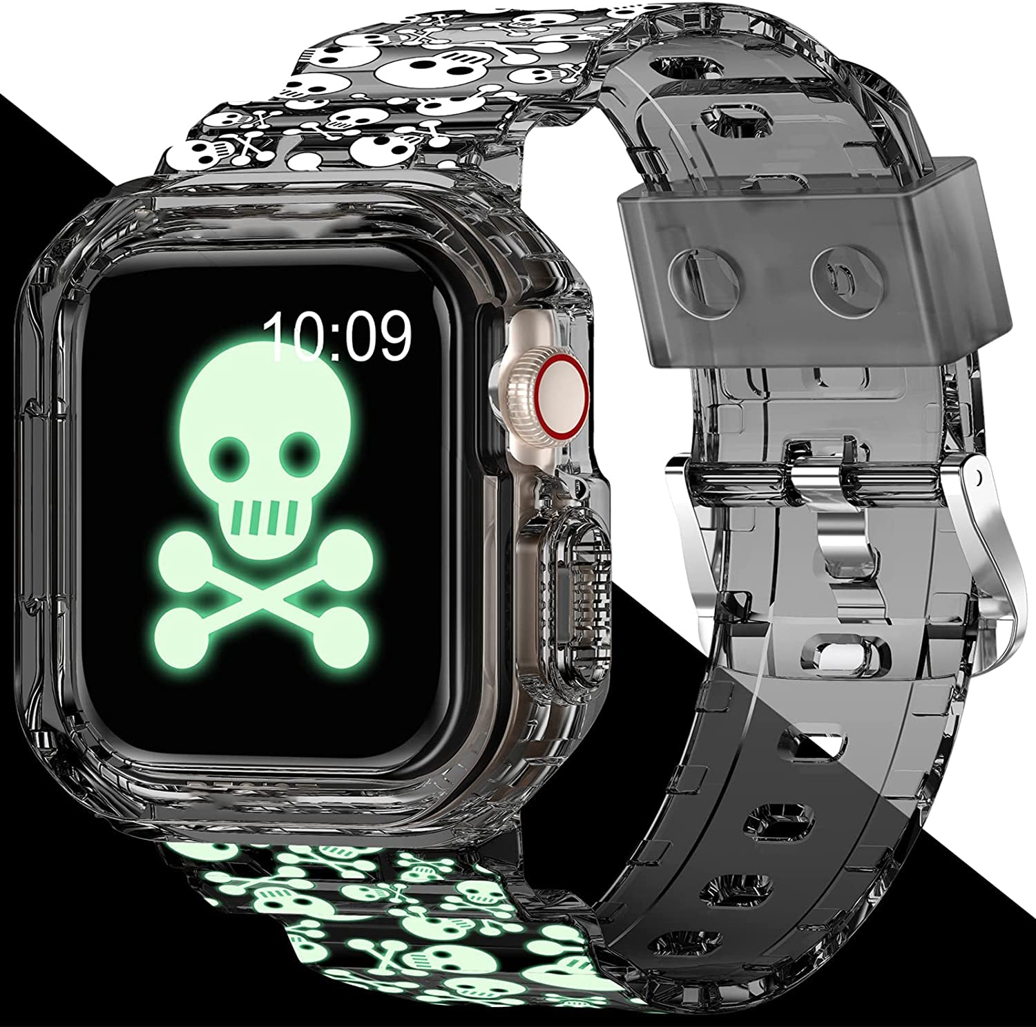 XYF Compatible for Crystal Clear Apple Watch Bands, 45Mm 44Mm 42Mm 41Mm 40Mm 38Mm 49Mm with Bumper Case for Men Women Jelly Sport Case and Band for Iwatch Ultra Series 8 7 SE/6 5 4 3 2 1  XYF Glow Skull 42/44/45mm 