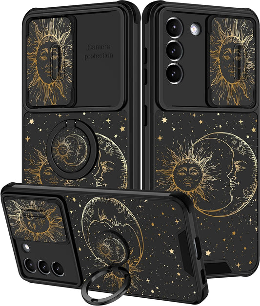 Goocrux (2In1 for Samsung Galaxy S21 Case Sun and Moon Stars for Women Girls Cute Space Phone Cover with Slide Camera Cover+Ring Holder Fashion Golden Print Design Cases for Galaxy S21 5G 6.2''  Goocrux   