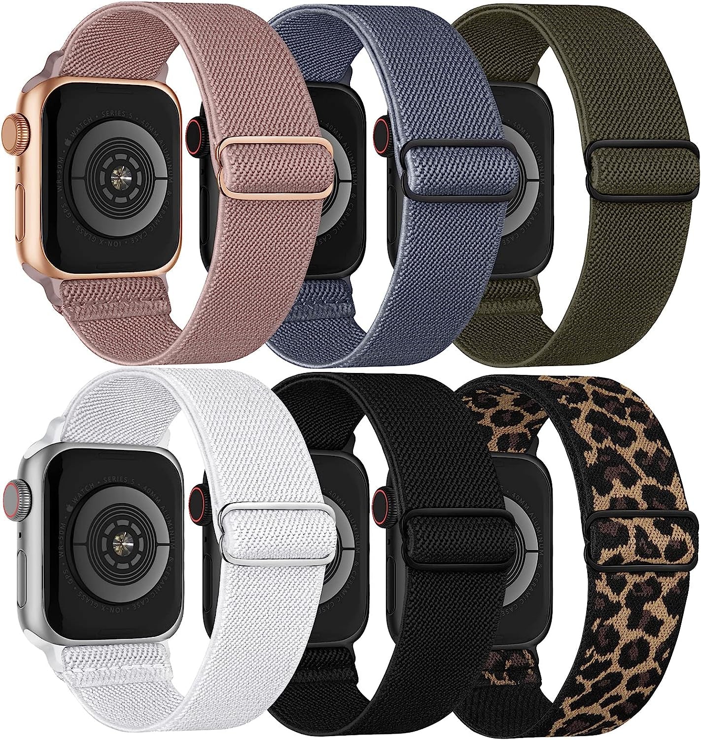 Stretchy Solo Loop Compatible with Apple Watch Band 38Mm 40Mm 41Mm 42Mm 44Mm 45Mm 49Mm Iwatch Series8/7/6/5/4/3/2/1/Se/Ultra  Recoppa Black/Leopard/Green/Pink/BlueGray/White 42MM/44MM/45MM/49MM 