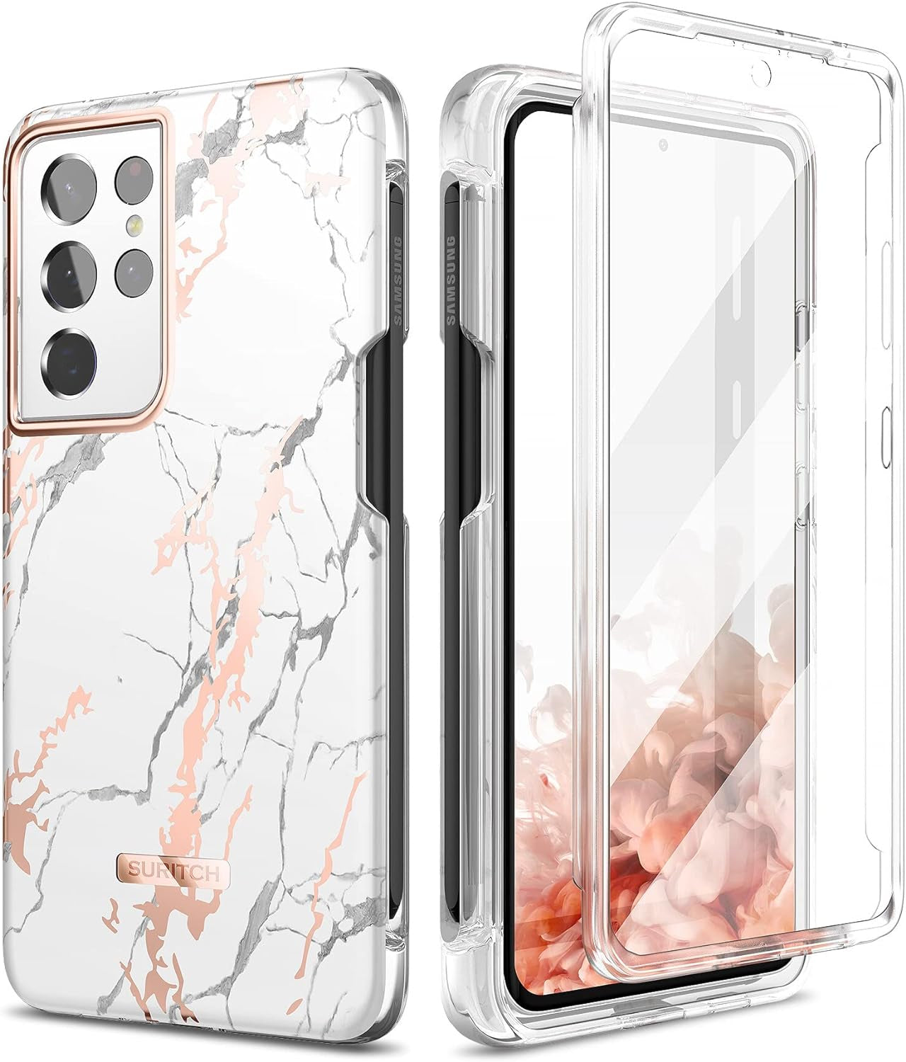 SURITCH Phone Case for Samsung Galaxy S21 Ultra with S-Pen Holder Front Cover Built-In Screen Protector Upgraded Dual-Layer Full Body Protection Anti-Scratch Shockproof for Woman Man, Purple Marble  SURITCH White Marble  