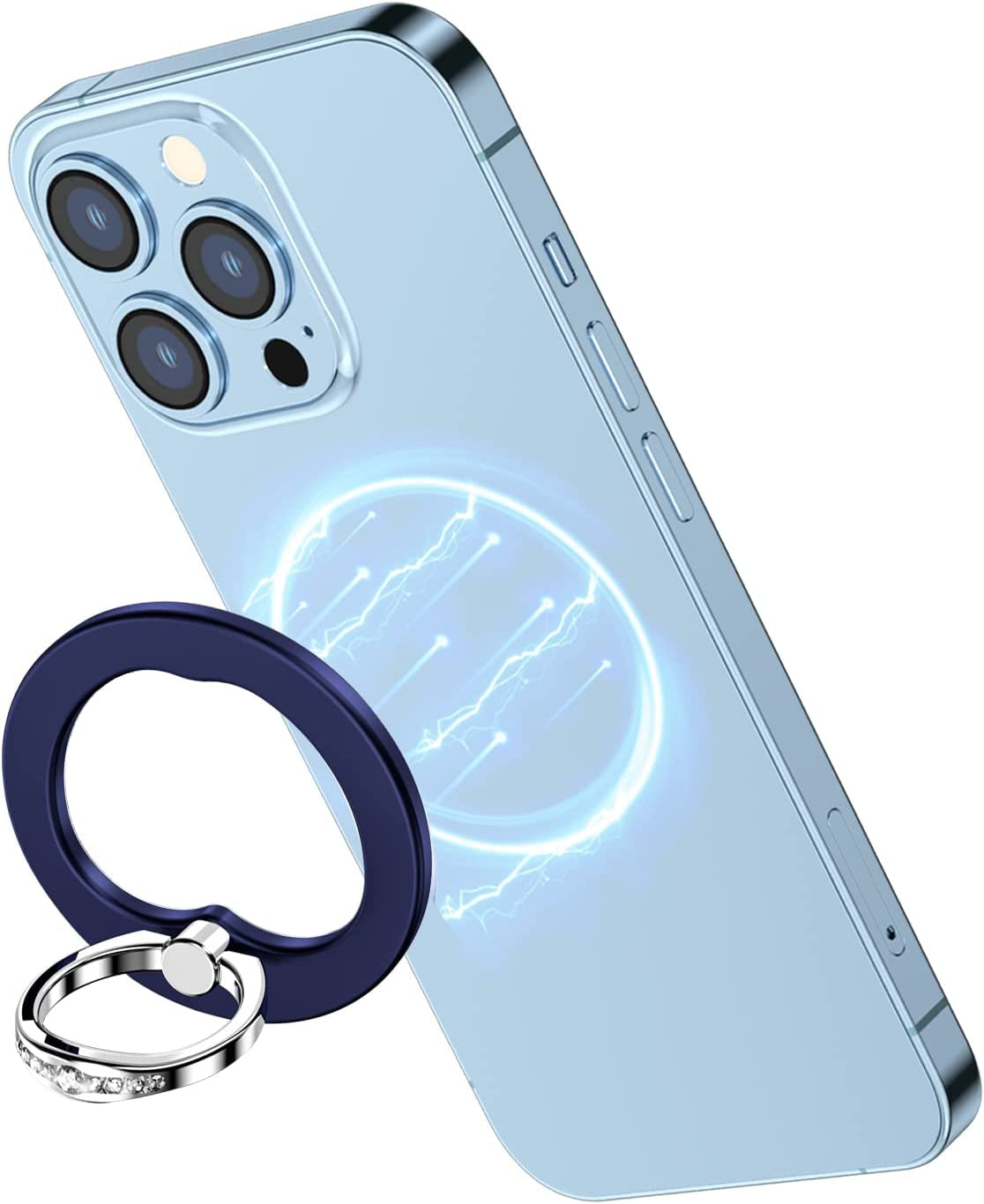 AUROX Magnetic Phone Ring Holder for Iphone 14 13 12 Magnetic Phone Grip for Magsafe Accessories 360° Rotation Adjustable Phone Finger Ring Stand【Removable for Wireless Charging】(Light Blue)  AUROX Dark Blue  