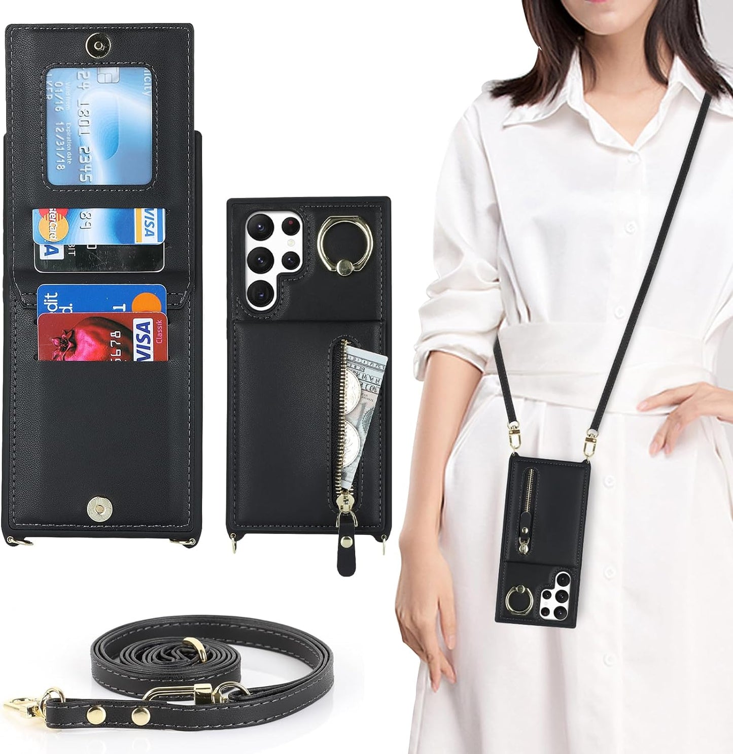 DEYHU Samsung Galaxy Note 20 Ultra Case with Card Holder for Women,Galaxy Note 20 Ultra Phone Case Wallet with Strap Credit Card Slots Crossbody with Kickstand Zipper Case - Rose Gold  DEYHU Black Samsung Galaxy Note 20 Ultra 