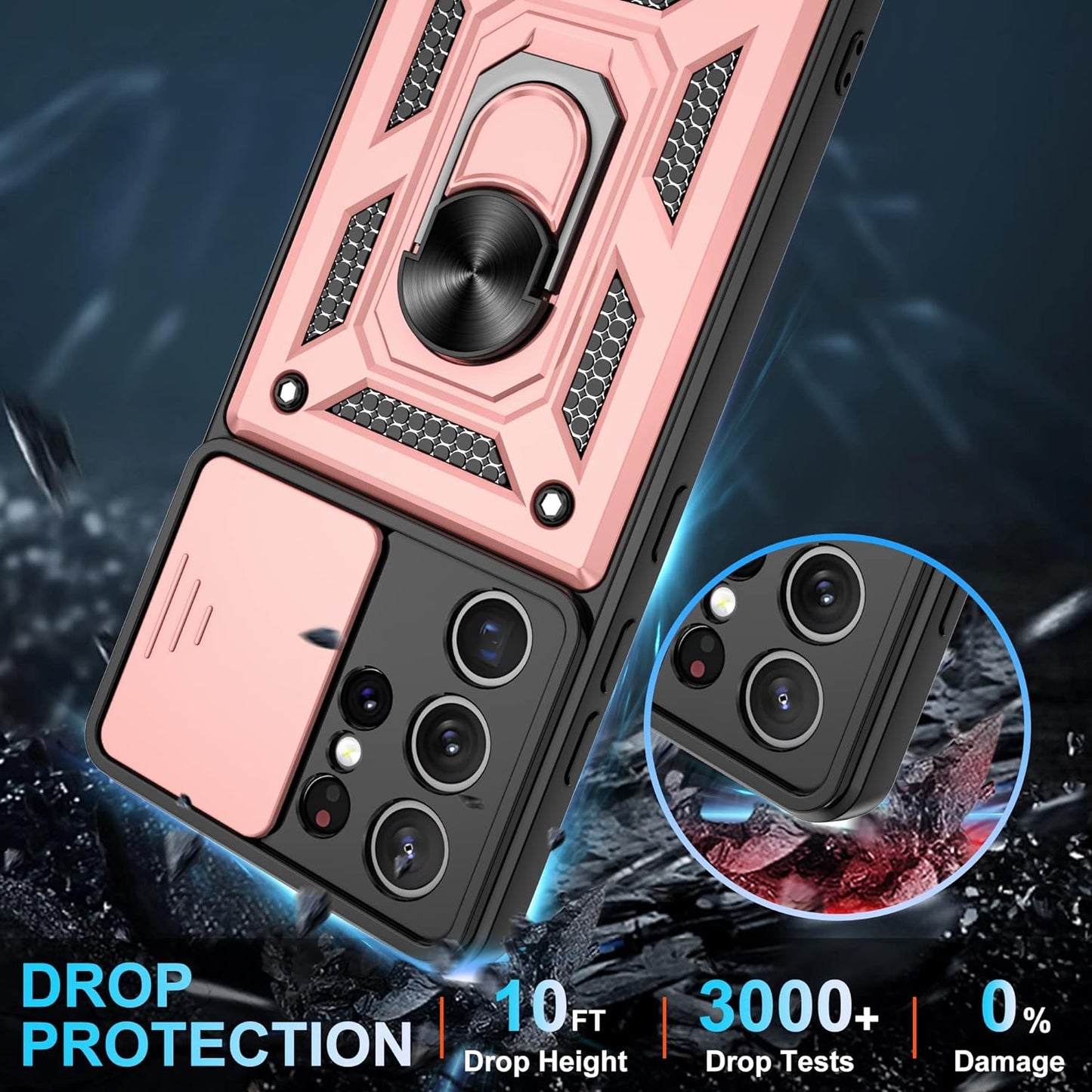 Compatible with Samsung Galaxy S21 Ultra Case,S21 Ultra Case with HD Screen Protector with Slide Camera Cover, 360°Rotation Ring Kickstand [Military Grade] Case for Galaxy S21 Ultra, Rose Gold  Gritup   