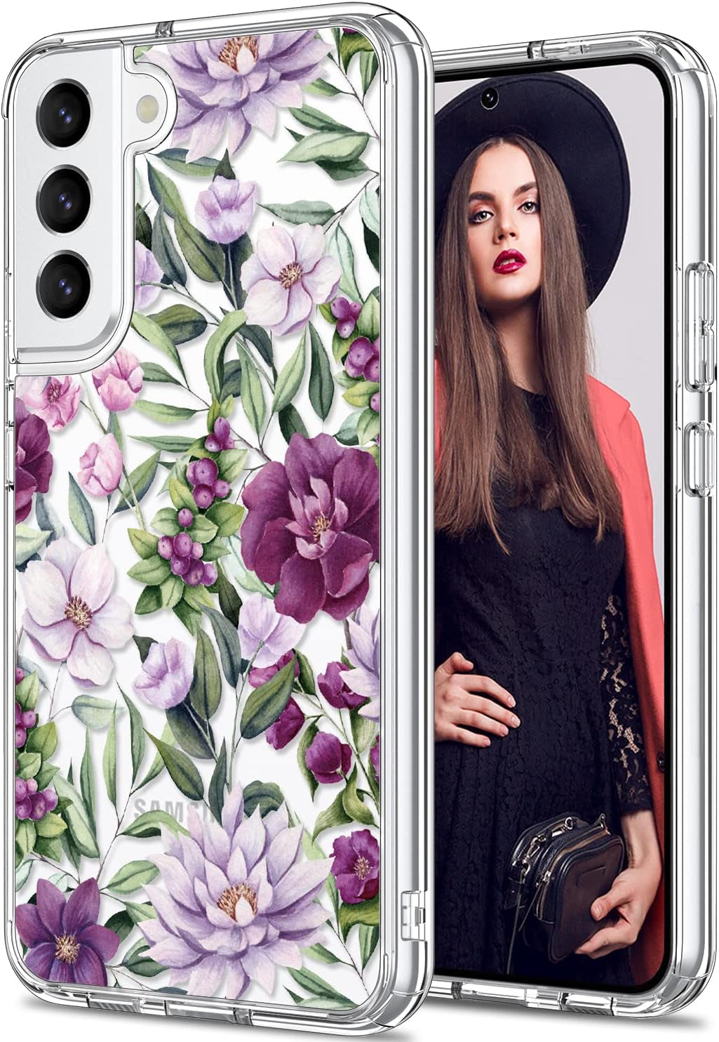 ICEDIO for Samsung Galaxy S22 Case,Slim Fit Crystal Clear Cover with Fashionable Designs for Girls Women,Durable Rugged Protective Phone Case for Samsung Galaxy S22 6.1" Cute Flower Garden  ICEDIO Pink Purple Flowers  