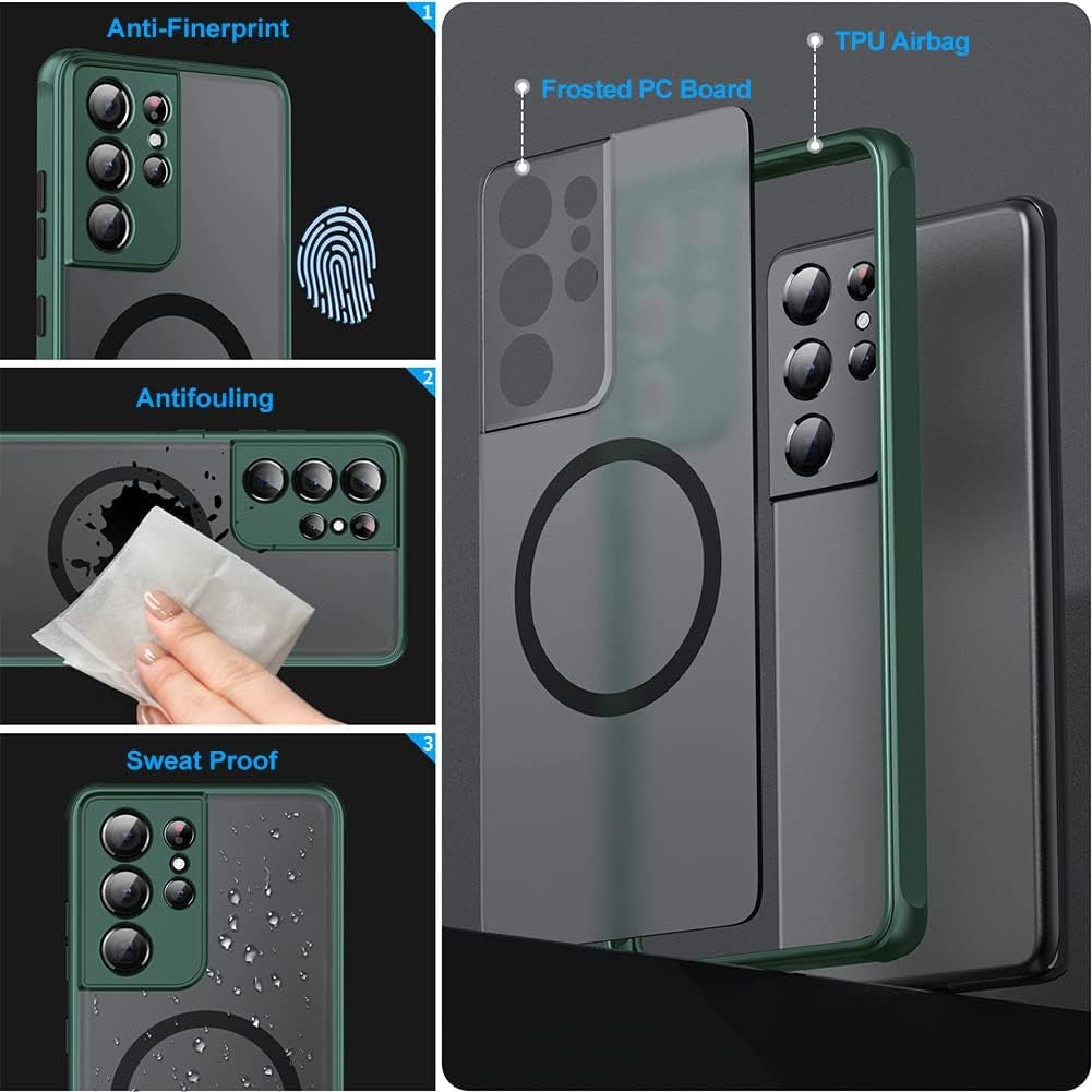 Hikerclub Galaxy S22 Ultra 5G Case, Compatible with Mag Safe Wireless Charger, Translucent Frosted Matte Back Soft Silicone Frame Military Grade Shockproof Case Cover for Galaxy S22Ultra Matte Green  HikerClub   