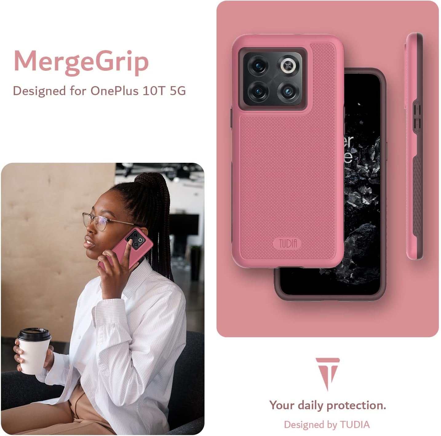 TUDIA Dualshield Grip Designed for Oneplus10T Case 5G, [Mergegrip] Shockproof Military Grade Slim Dual Layer Protection for Oneplus 10T 5G Case (Smokey Pink)  TUDIA   