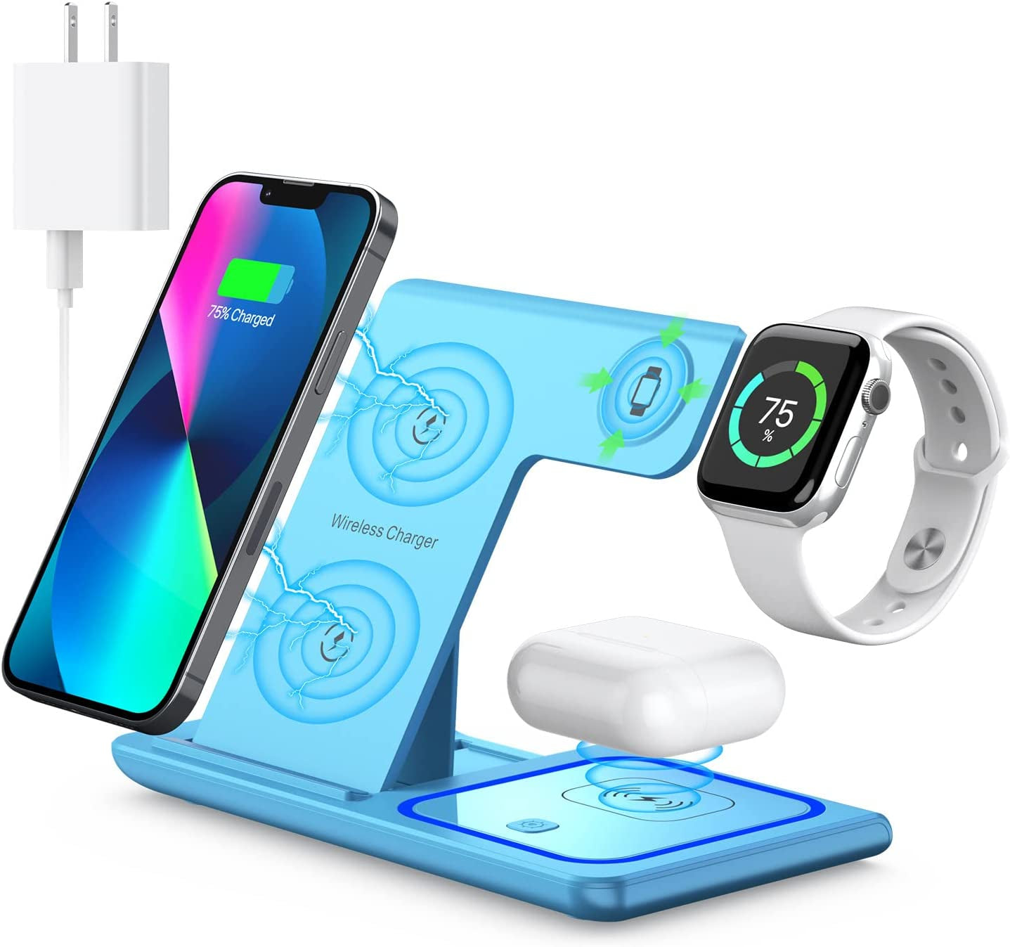 Wireless Charging Station, Wireless Charging Station for Multiple Devices for Iphone 15 14 13 12 11 Pro XR XS 8 Plus, for Apple Watch Ultra SE 8 7 6 5 4 3 2, Airpods Pro 3 2 (Dark Blue)  YOXINTA Blue  
