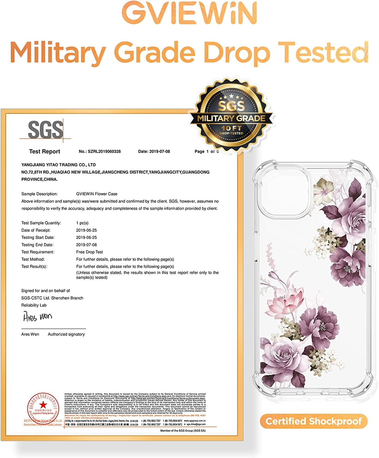 GVIEWIN Case Compatible with Iphone 14 plus 6.7 Inch,With Screen Protector + Camera Lens Protector, Clear Flower Shockproof Soft Protective Floral Women Phone Cover, 2022 (Cherry Blossoms/Purple)  GVIEWIN   