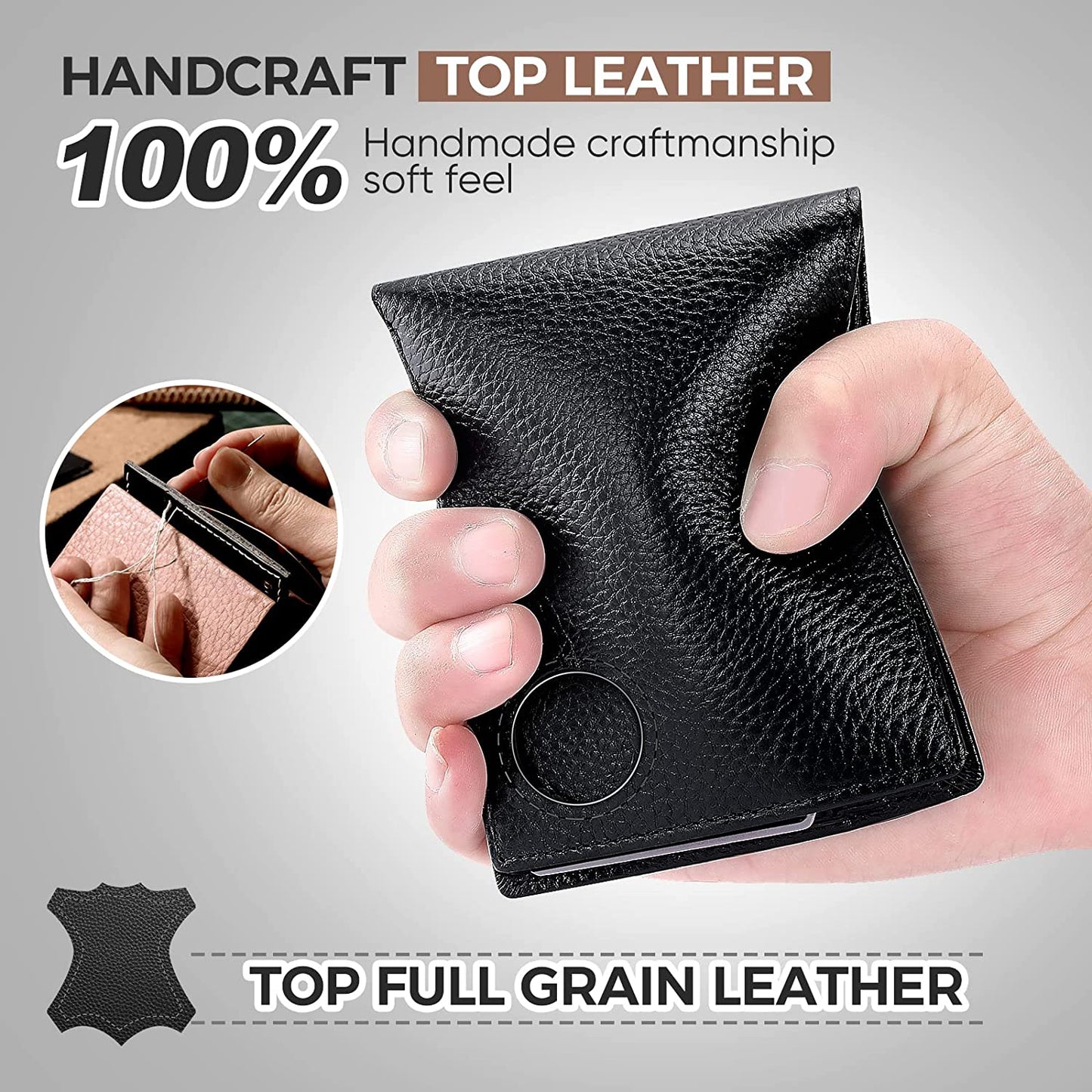 Dallson Mens Wallet for Airtag, Bifold Genuine Leather Wallet with Air Tag Holder, 2 ID Window, 10 Card Slot, RFID Blocking, Smart Wallet Compatible with Apple Airtag (Black)  Dallson   