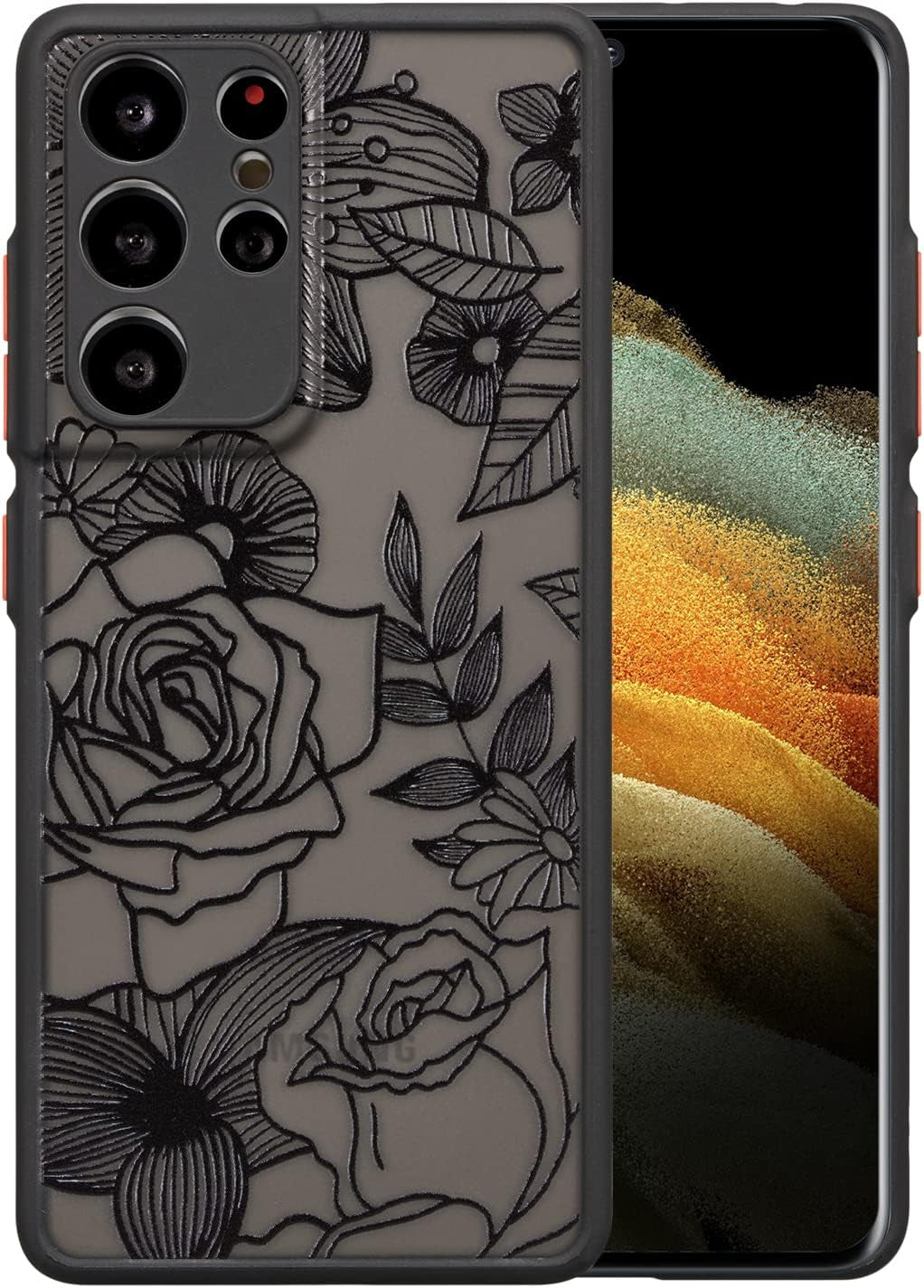 XIZYO for Samsung Galaxy S21 Ultra Case Floral Rose Phone Case Cute Aesthetic Phone Case for Women Girls Clear Back Cover Pattern Slim Anti-Yellow Shockproof TPU Bumper Case, Black  XIZYO Black  