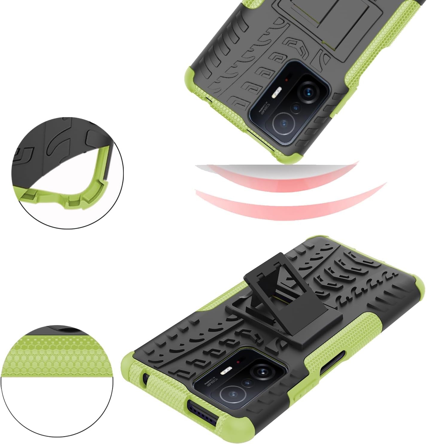 Asuwish Phone Case for Xiaomi Mi 11T/Mi11T Pro 5G with Tempered Glass Screen Protector and Slim Stand Hybrid Heavy Duty Rugged Protective Cell Cover Mi11Tpro T11 G5 Kickstand Mobile Women Men Green  Asuwish   