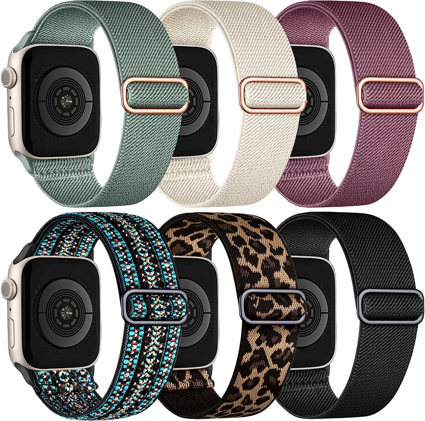 WJK Stretchy Nylon Solo Loop Bands Compatible with Apple Watch 38Mm 40Mm 41Mm 42Mm 44Mm 45Mm 49Mm for Women Men, Adjustable Braided Sport Elastic Wristbands for Iwatch Ultra SE Series 8 7 6 5 4 3 2 1, 6 Packs  WJK Black/Smoke Purple/Cactus/Starlight/Leopard/Boho Green 38mm/40mm/41mm 