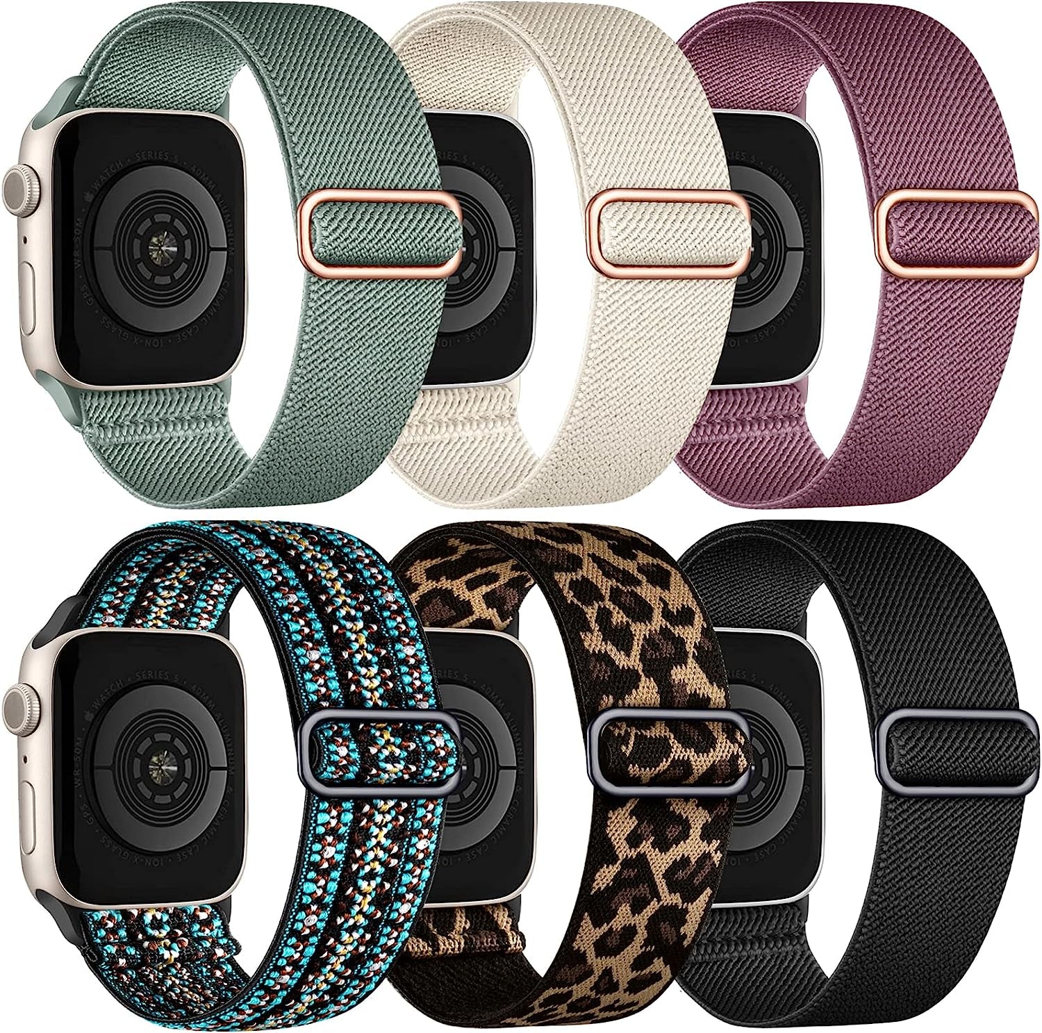 WJK Stretchy Nylon Solo Loop Bands Compatible with Apple Watch 38Mm 40Mm 41Mm 42Mm 44Mm 45Mm 49Mm for Women Men, Adjustable Braided Sport Elastic Wristbands for Iwatch Ultra SE Series 8 7 6 5 4 3 2 1, 6 Packs  WJK Black/Smoke Purple/Cactus/Starlight/Leopard/Boho Green 38mm/40mm/41mm 