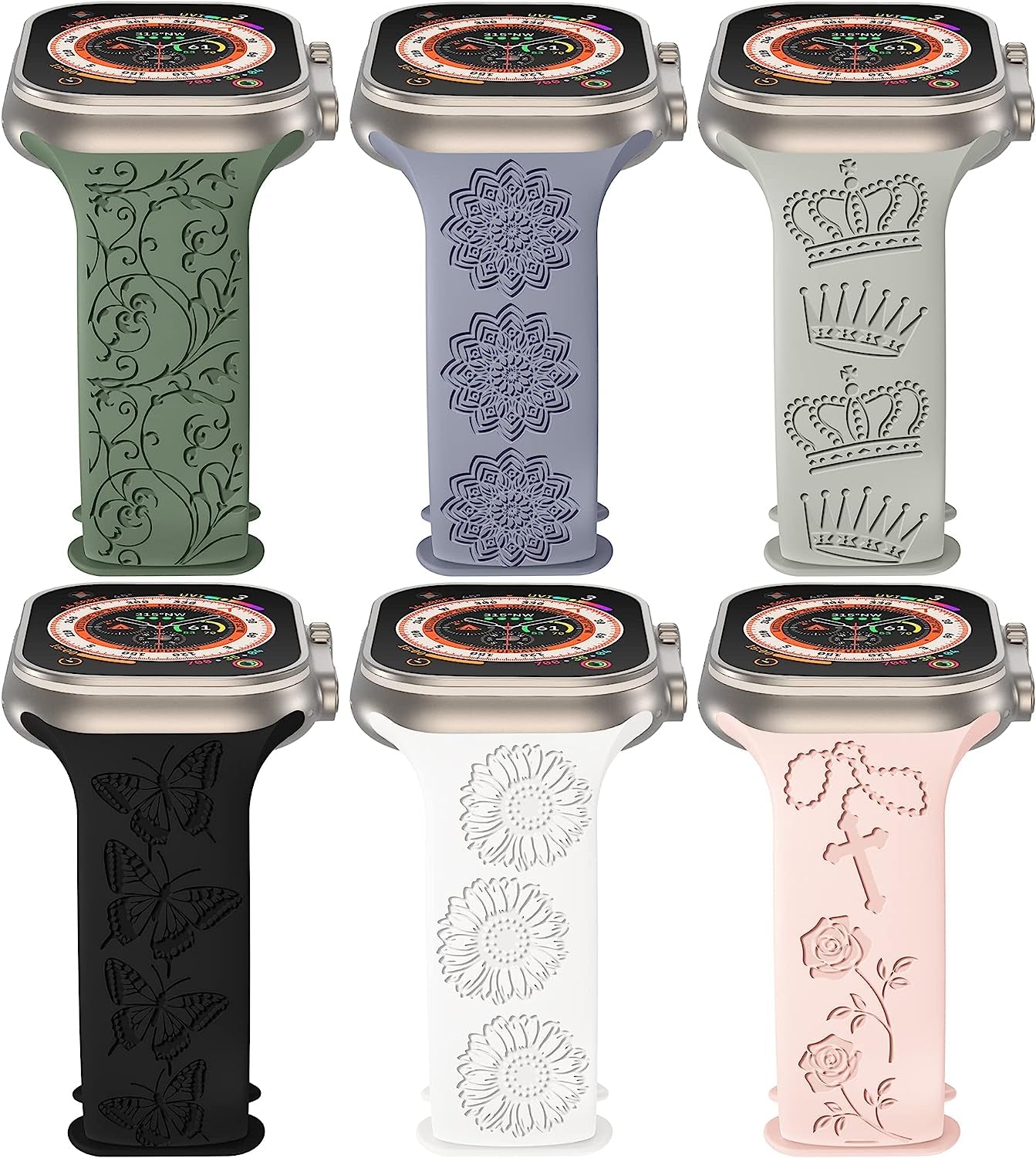 6 Pack Engraved Sport Bands Compatible with Apple Watch Band 38Mm 40Mm 41Mm 42Mm 44Mm 45Mm 49Mm for Women Men, Designer Colorful Soft Silicone Strap for Iwatch Bands Ultra/Se Series 8/7/6/5/4/3/2/1  Wewatri   