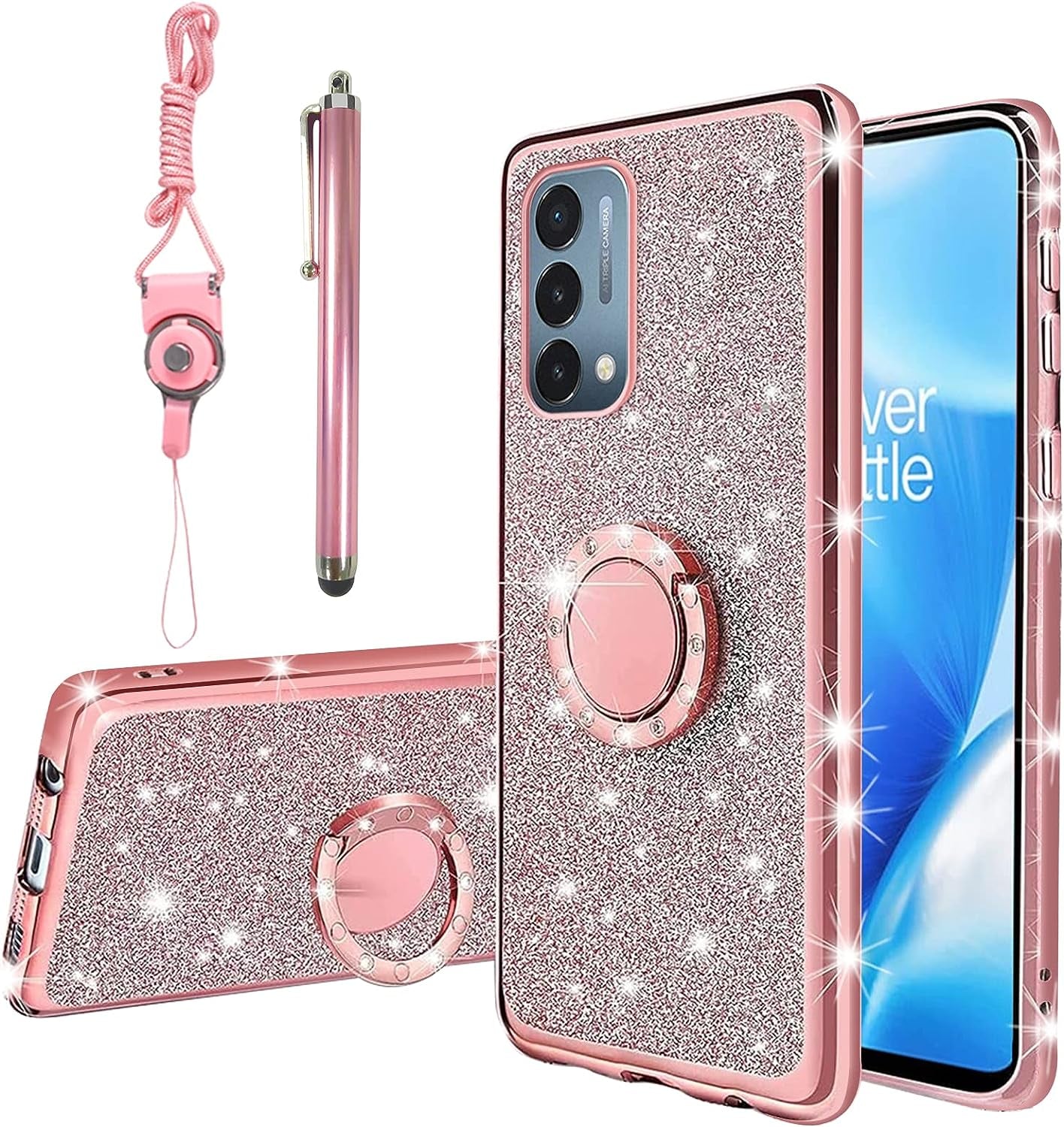For Oneplus Nord N200 5G Case, N200 Phone Case for Women Electroplating Luxury Bling Aesthetic Trendy Pretty, Full Camera Soft TPU Protection Shockproof Cover for Oneplus Nord N200 5G (Mint Green)  KuDiNi Glitter Rose  