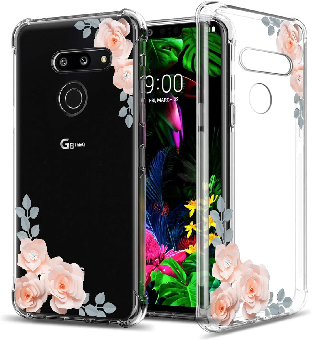 GREATRULY Floral Clear Pretty Phone Case for LG G8 Thinq (2019 Release) for Women Girls,Flower Design Transparent Slim Soft Drop Proof TPU Bumper Cushion Silicone Cover Shell,Fl-K  GREATRULY Fl-24 Clear Only For Lg G8 Thinq 