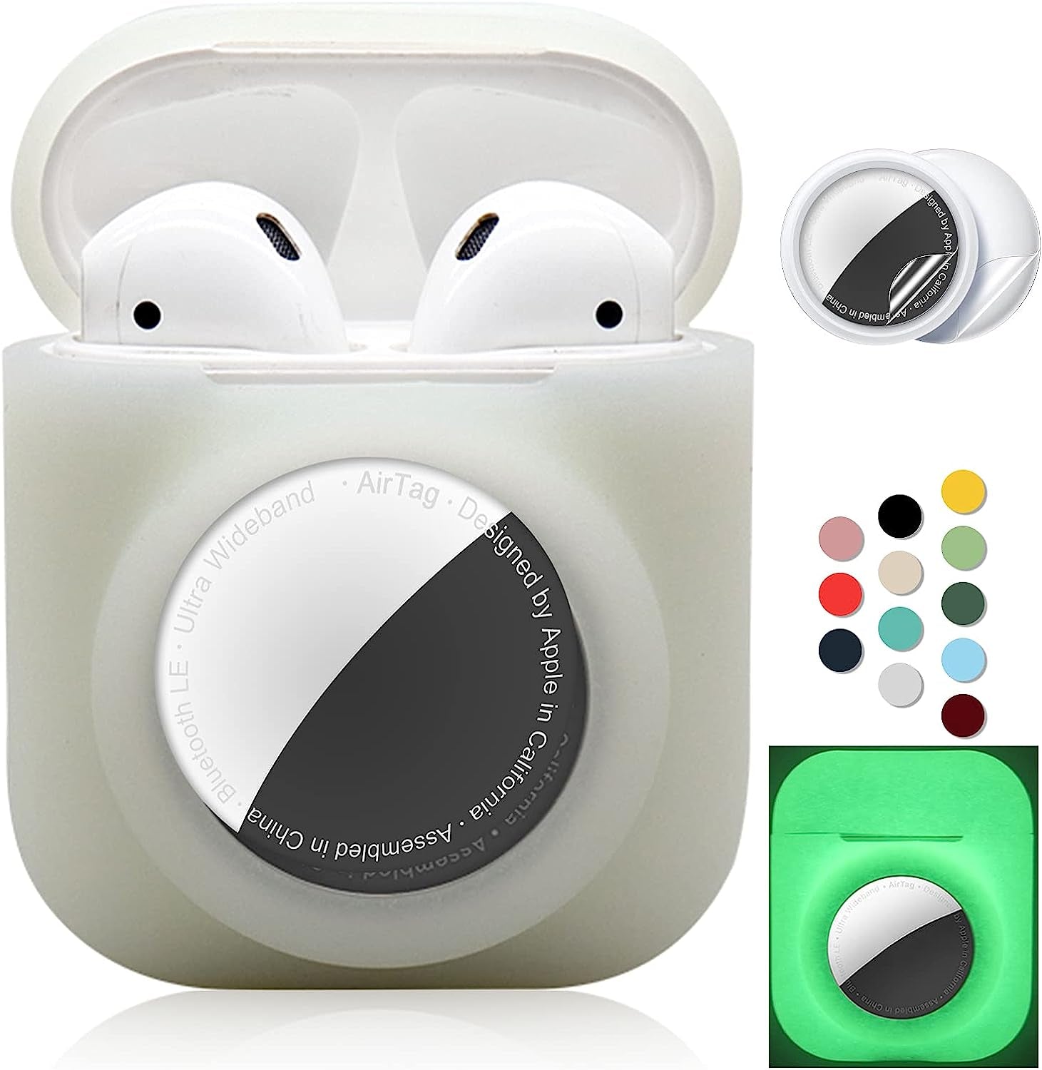 2 in 1 Silicone Protective Skin Cover Compatible with Airpod 1&2 and Airtag, Soft Comprehensive Protective Case with 2 PCS TPU Screen Protector, Anti-Scratch Anti-Fall Anti-Lost(Black)  Enspito LuminousWhite  