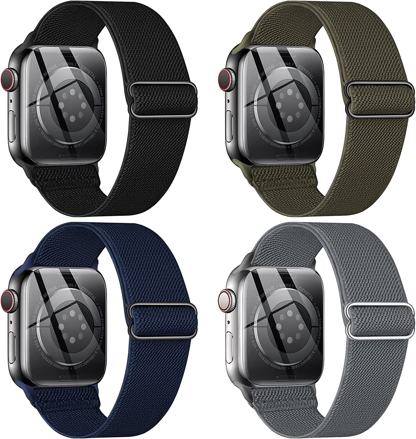 CTYBB 4 Pack Stretchy Nylon Solo Loop Bands Compatible with Apple Watch 40Mm 38Mm 44Mm 49Mm 45Mm 42Mm 41Mm, Adjustable Braided Elastic Sport Straps Womens Men Wristbands for Iwatch Series 8 7 6 5 4 3 2 1 SE Ultra  CTYBB Black/Army Green/Navy Blue/Gray 41mm/40mm/38mm 