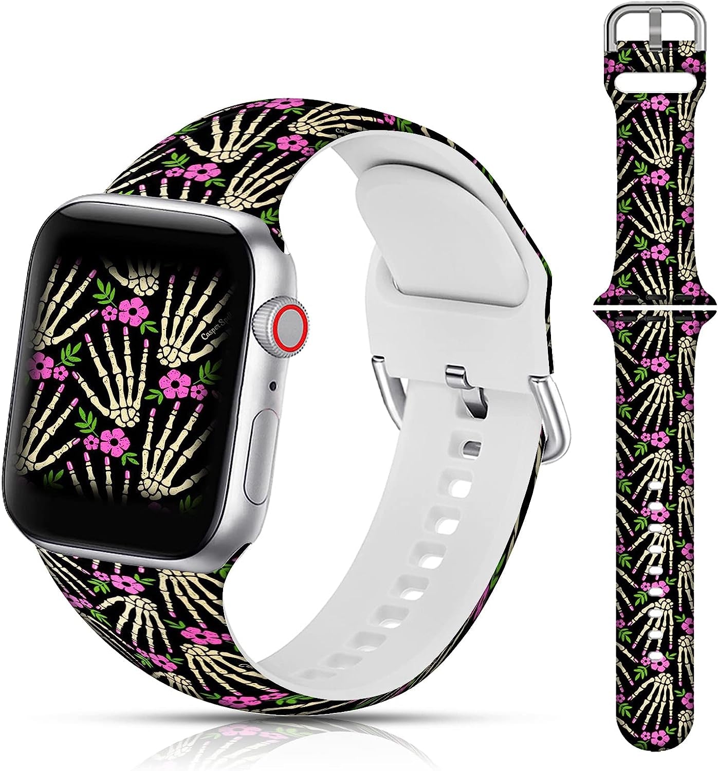 LAACO Silicone Sport Bands Compatible with Apple Watch 49Mm 45Mm 44Mm 42Mm 41Mm 40Mm 38Mm for Women Men Girls, Floral Design Replacment Strap for Iwatch SE Utral/Series 8/7/6/5/4/3/2/1  LAACO Skull with Purple Flowers 38mm/40mm/41mm 