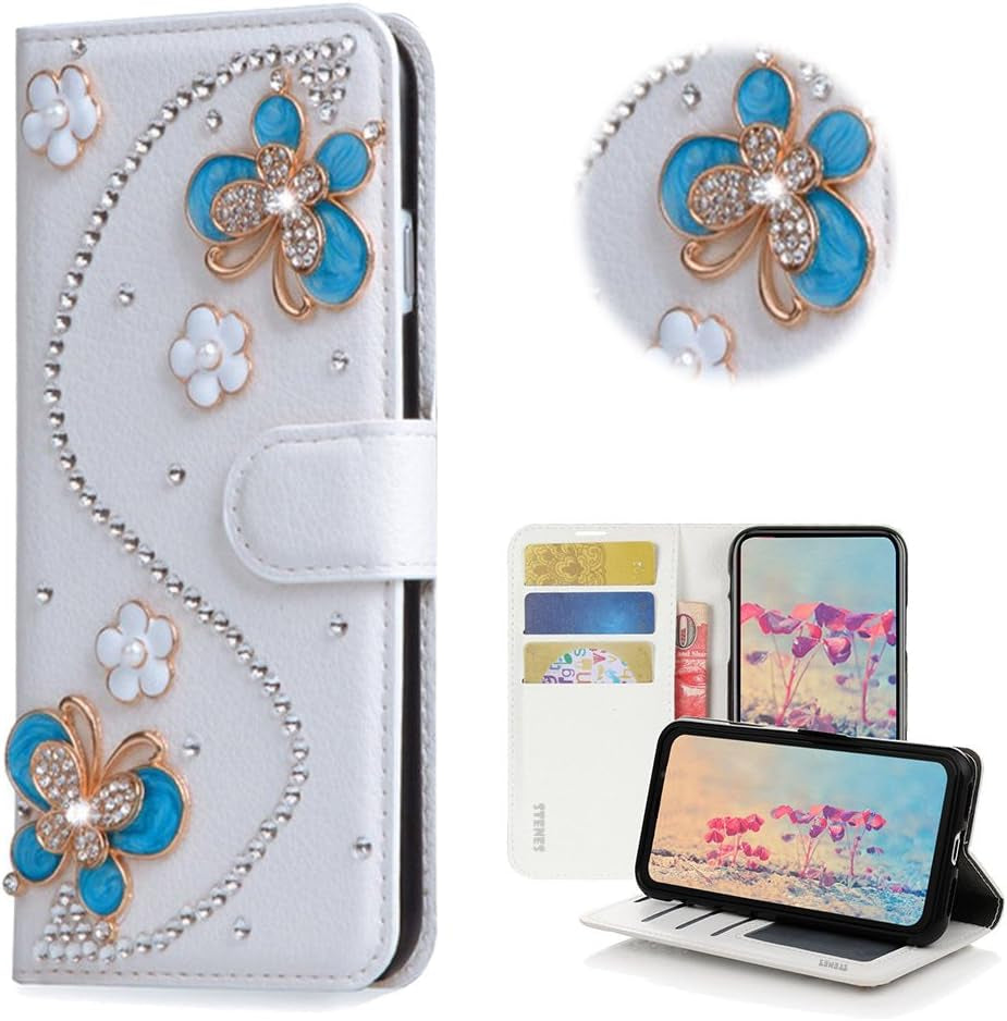 STENES LG G6 Case, LG G6 plus Case - STYLISH - 3D Handmade Bling Crystal Rose Heart Pendant Flowers Wallet Credit Card Slots Fold Stand Leather Cover Case for LG G6/LG G6 plus - White  STENES S-Link Flowers Butterfly / Blue  