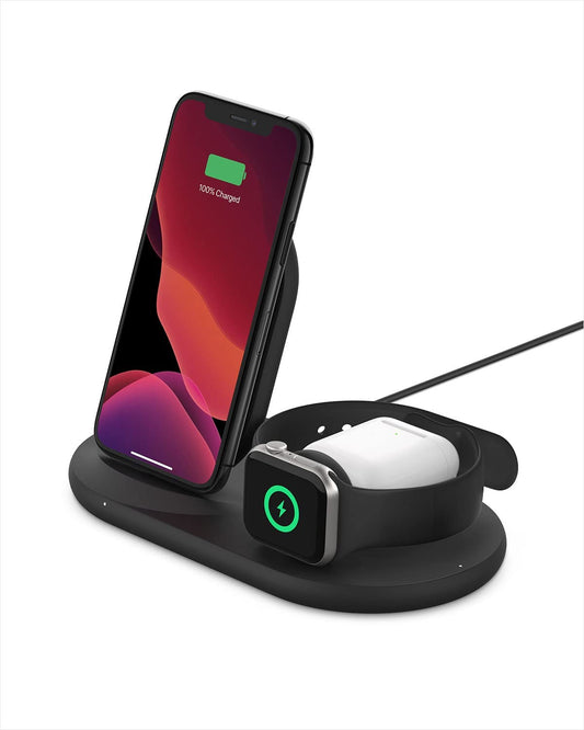 Belkin 3-In-1 Wireless Charger - Fast Wireless Charging Stand for Apple Iphone, Apple Watch & Airpods - Iphone Case Compatible Qi Charger - Wireless Charging Station for Multiple Devices - Black  Belkin   