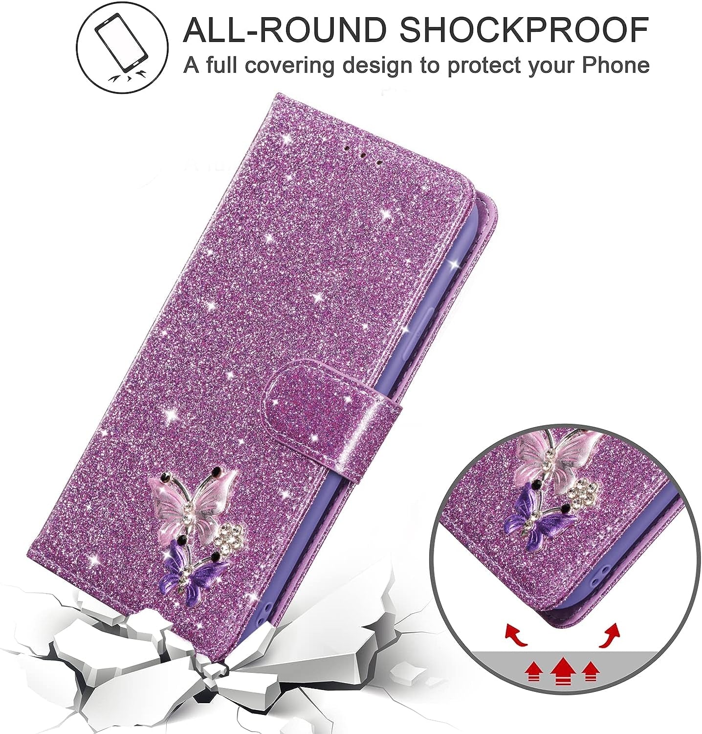 UEEBAI Wallet Case for Samsung Galaxy A53 5G, Premium Glitter PU Leather Phone Case Card Slots Kickstand Case Magnetic Closure Bling Handbag Case Shockproof Hand Strap Flip Cover - Glitter Purple  UEEBAI   