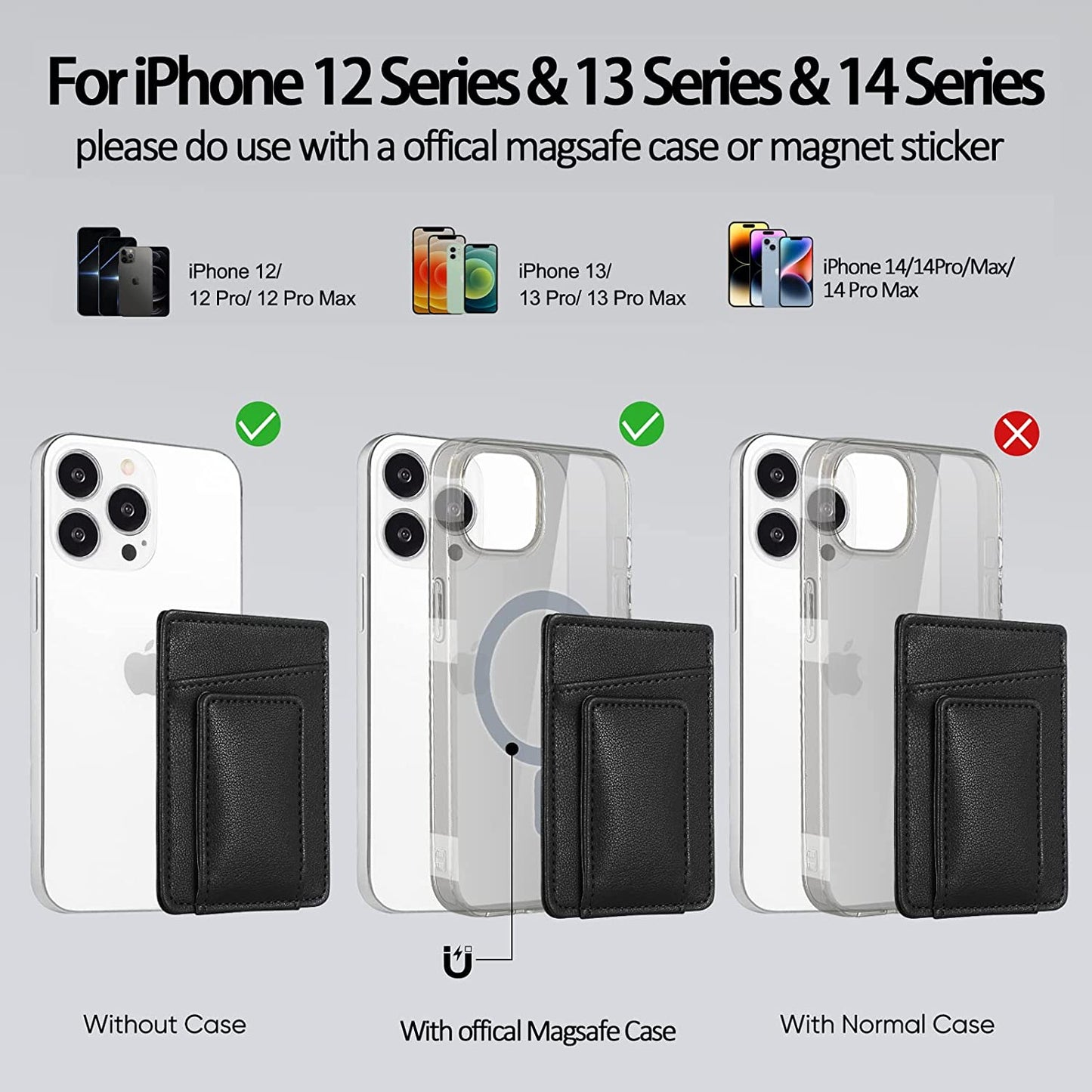 Magnetic Card Wallet Holder for Apple Magsafe, Magnetic Card Holder Magsafe Compatible with Iphone 12 Iphone 13/14 Magsafe Wallet, Mag Safe Leather Wallet for Back of Iphone 14/13/ 12 Series, Black  HiWe   