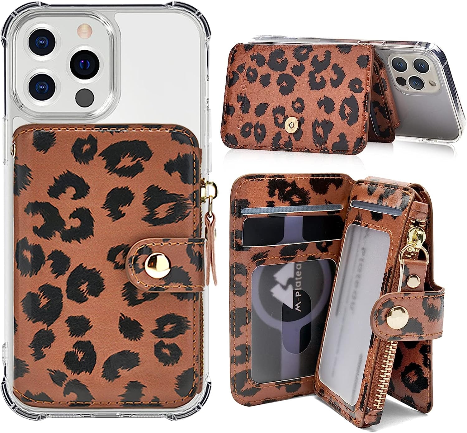 M-Plateau Phone Wallet Vegan Leather Magnetic Button Wallet for Men Have 6 Id Window Designed for Iphone 13 Pro Max,Google Pixel, Galaxy Attachment 3M Adhesive Sticker (Brown)  M-Plateau Leopard  