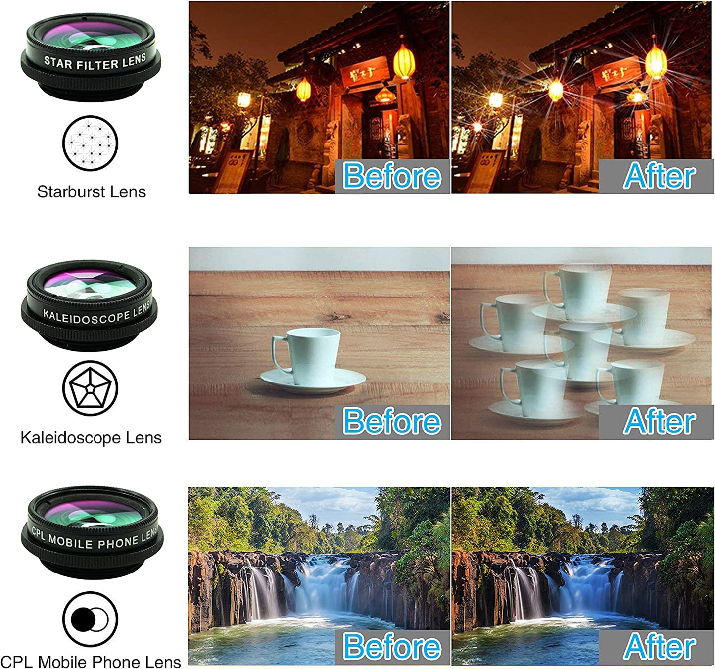 8 in 1 Phone Camera Lens Kit, 0.63Wide Angle Lens+15X Macro+198°Fisheye+2X Telephoto+Kaleidoscope+Cpl/Starlight/Universal Clip, Zoom Compatible with Iphone Samsung Smartphones (Black)  Bsy Digital   