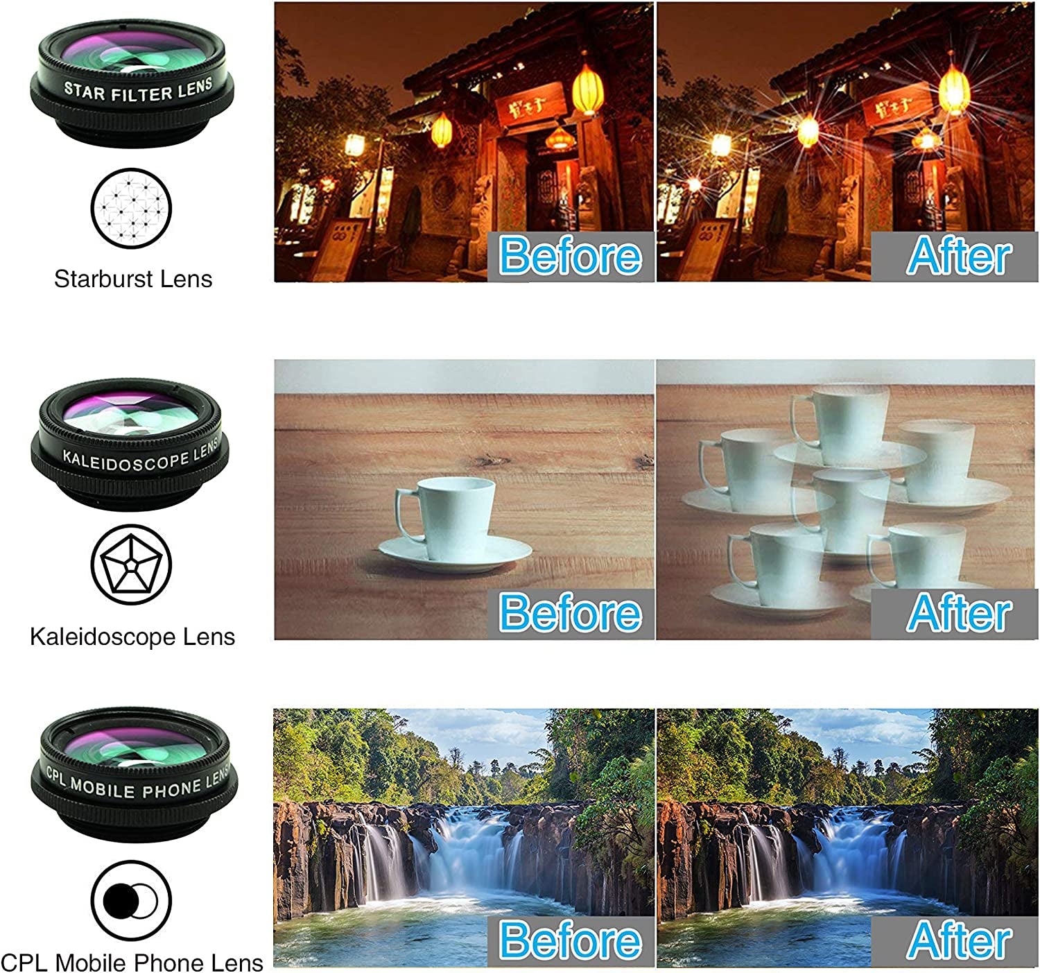 8 in 1 Phone Camera Lens Kit, 0.63Wide Angle Lens+15X Macro+198°Fisheye+2X Telephoto+Kaleidoscope+Cpl/Starlight/Universal Clip, Zoom Compatible with Iphone Samsung Smartphones (Black)  Bsy Digital   