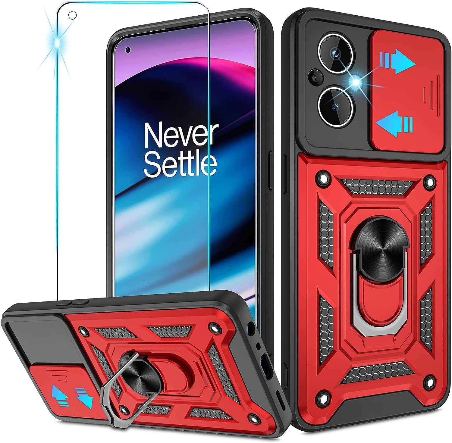 For Oneplus Nord N20 5G Case with HD Screen Protector, Heavy Duty Shockproof Protective Case with Metal Kickstand [Military Grade] Protective Case for Oneplus Nord N20 5G, Black  Atump Red  